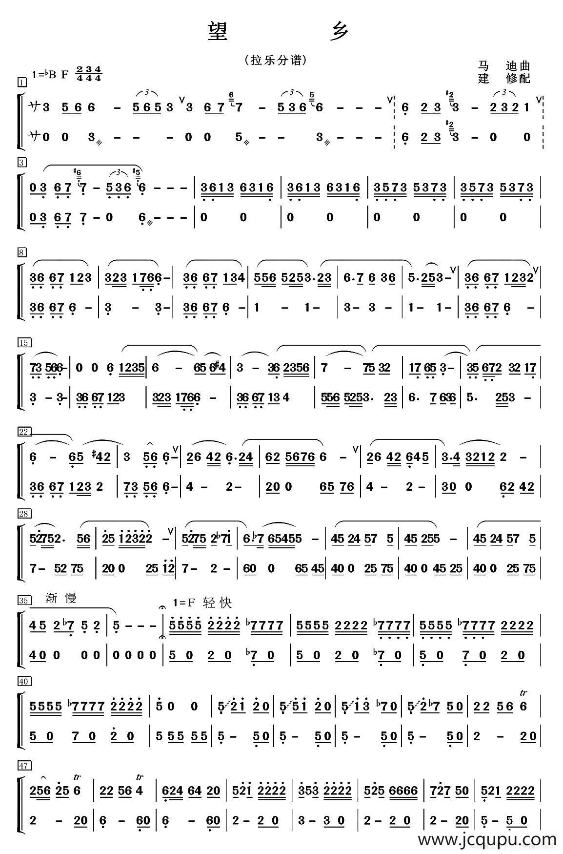 望乡（笛子独奏+乐队伴奏拉弦分谱）简谱