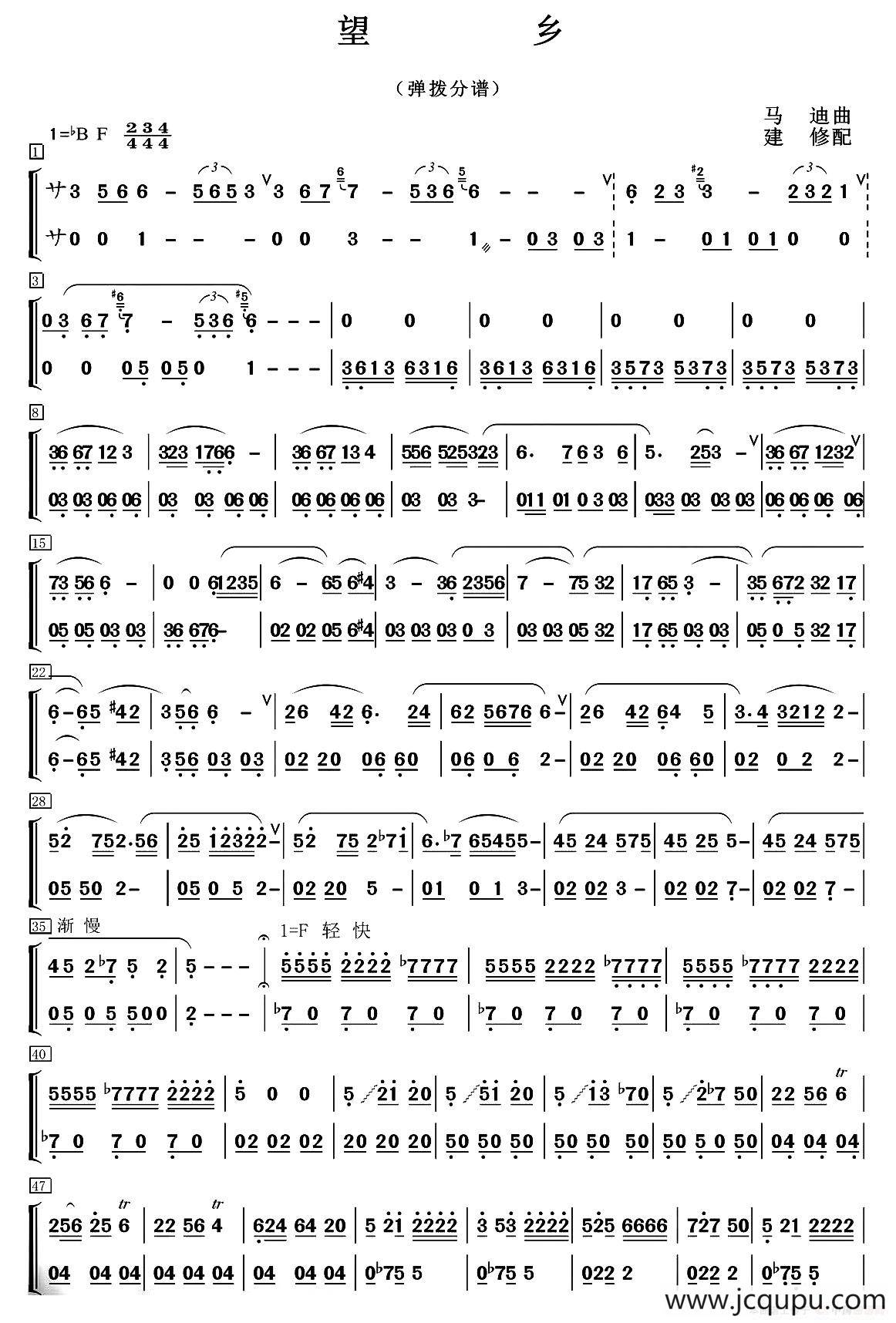 望乡（笛子独奏+乐队伴奏弹拨分谱）简谱