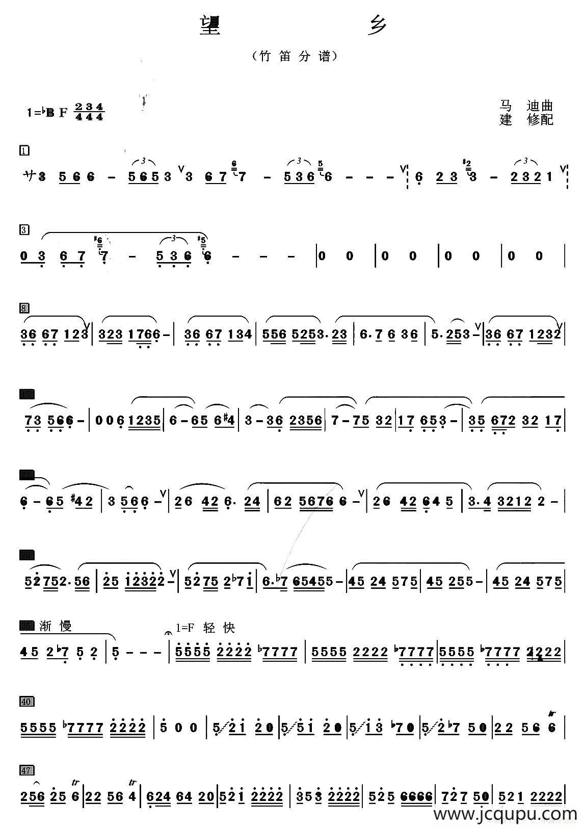 望乡（笛子独奏+乐队伴奏竹笛分谱）简谱