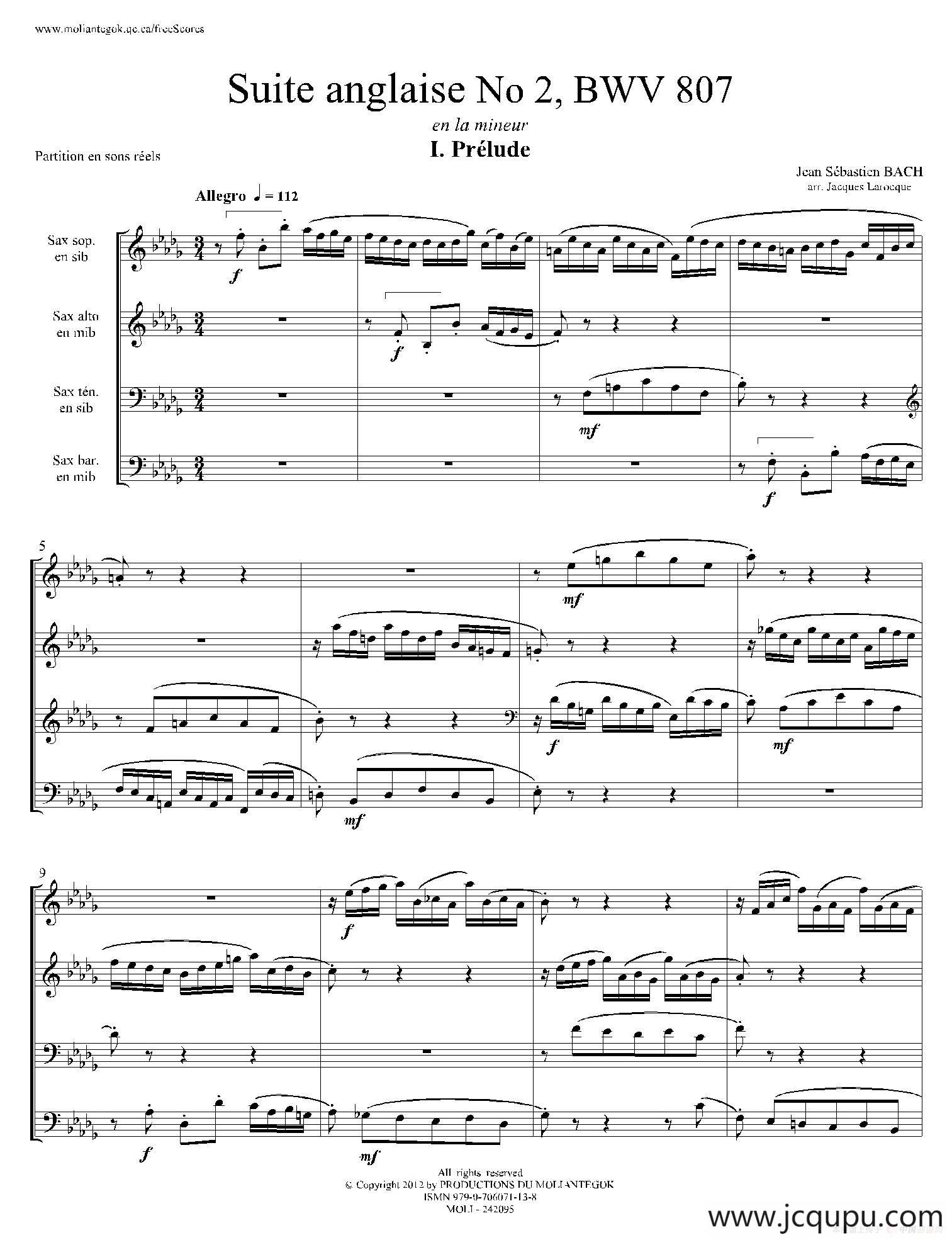 Suite anglaise No 2,BWV 807（法国组曲之二·前奏曲）（四重奏总谱）简谱