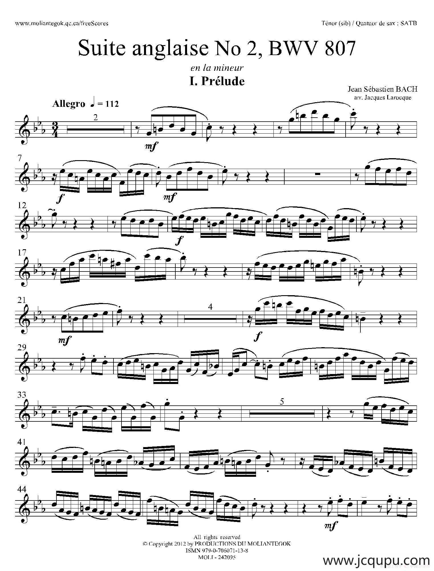 Suite anglaise No 2,BWV 807（法国组曲之二·前奏曲）（次中音萨克斯分谱）简谱