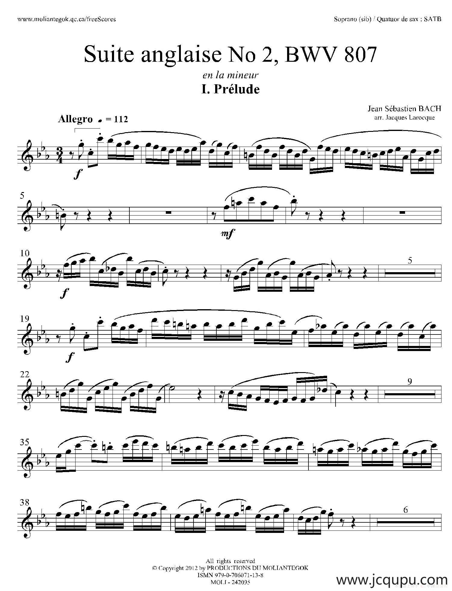 Suite anglaise No 2,BWV 807（法国组曲之二·前奏曲）（高音萨克斯分谱）简谱