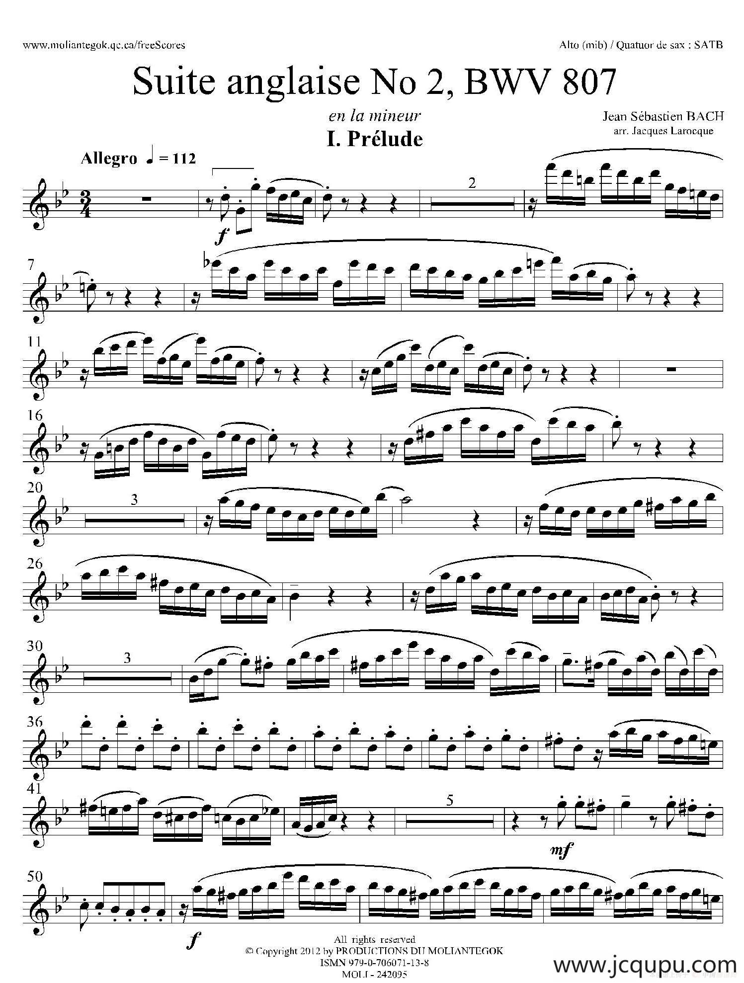 Suite anglaise No 2,BWV 807（法国组曲之二·前奏曲）（中音萨克斯分谱）简谱