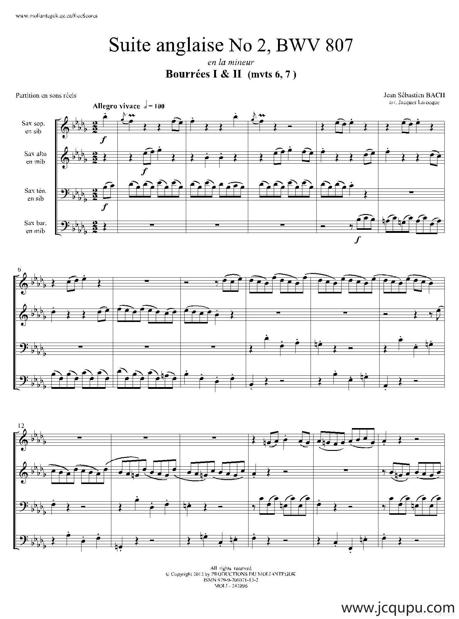 Suite anglaise No 2,BWV 807（法国组曲之二·布列舞曲）（四重奏总谱）简谱