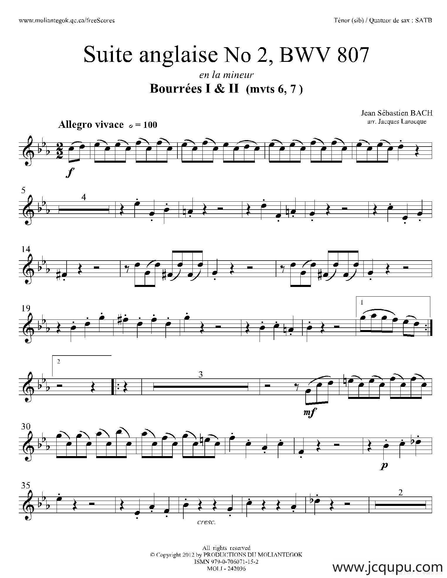 Suite anglaise No 2,BWV 807（法国组曲之二·布列舞曲）（次中音萨克斯分谱）简谱