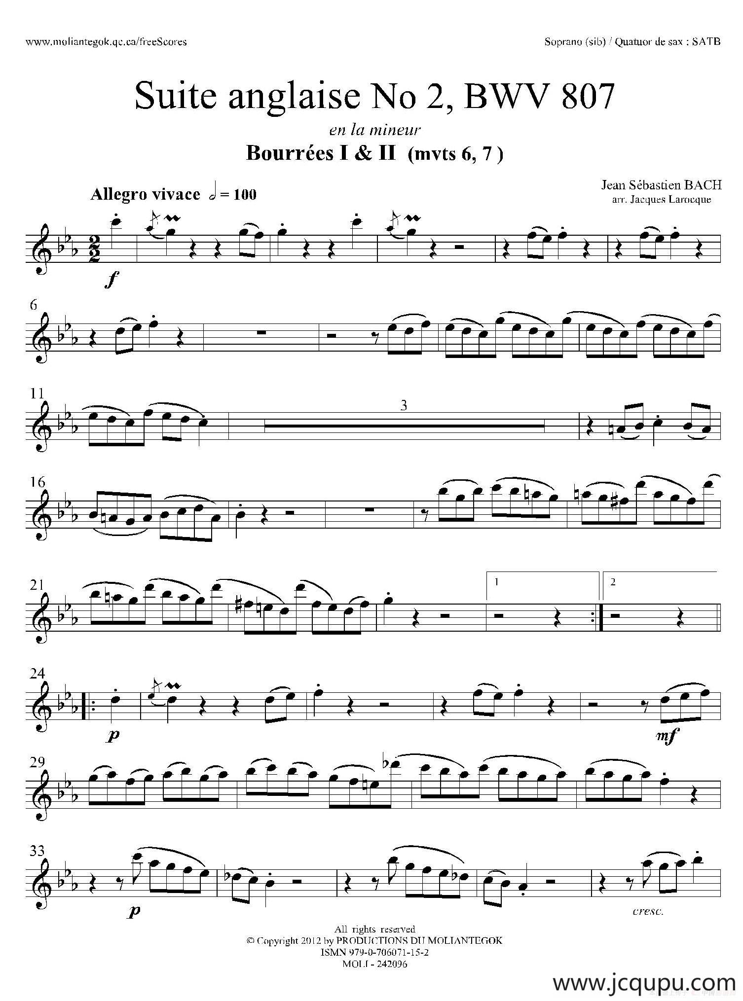 Suite anglaise No 2,BWV 807（法国组曲之二·布列舞曲）（高音萨克斯分谱）简谱