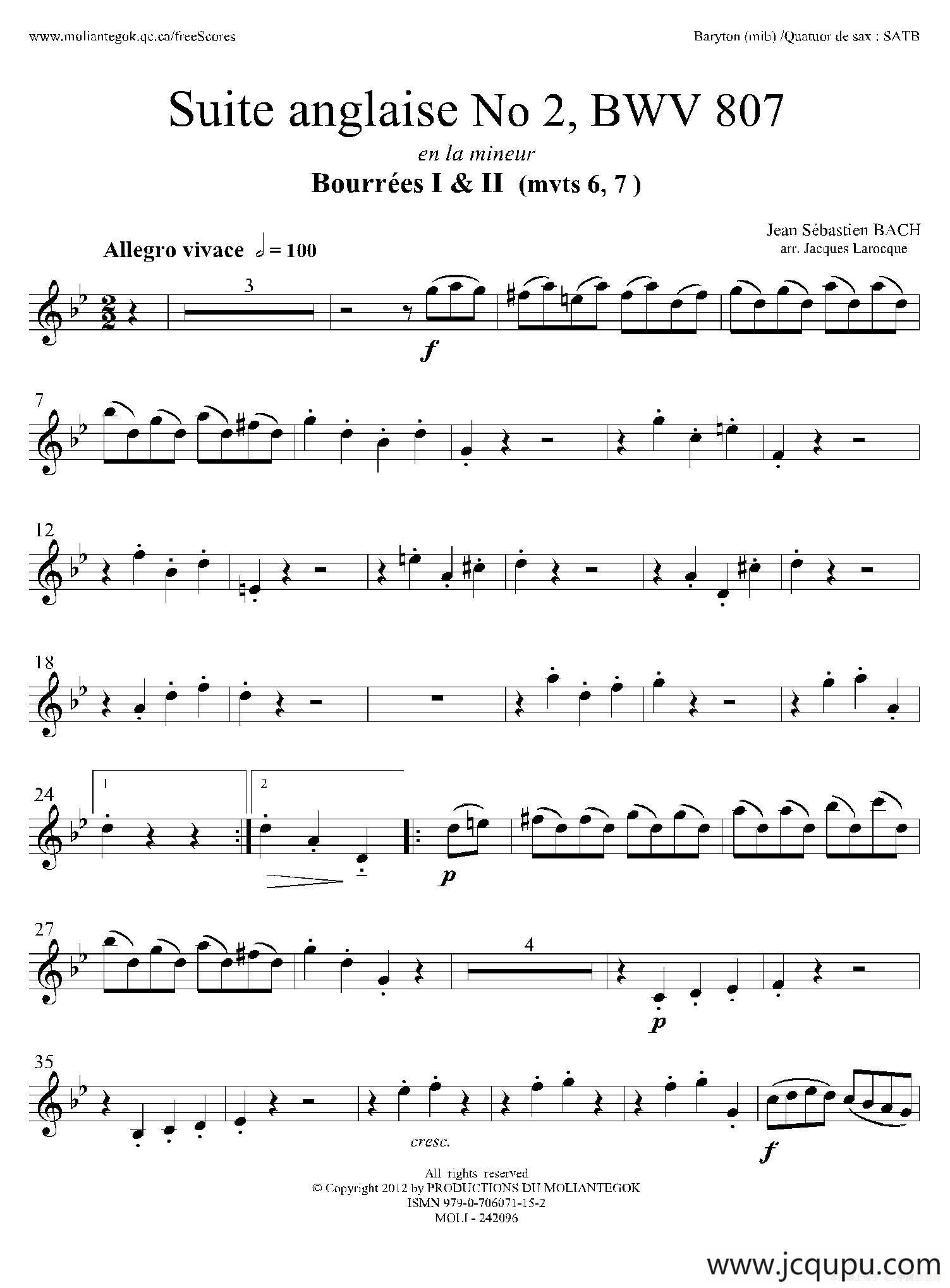 Suite anglaise No 2,BWV 807（法国组曲之二·布列舞曲）（上低音萨克斯分谱）简谱