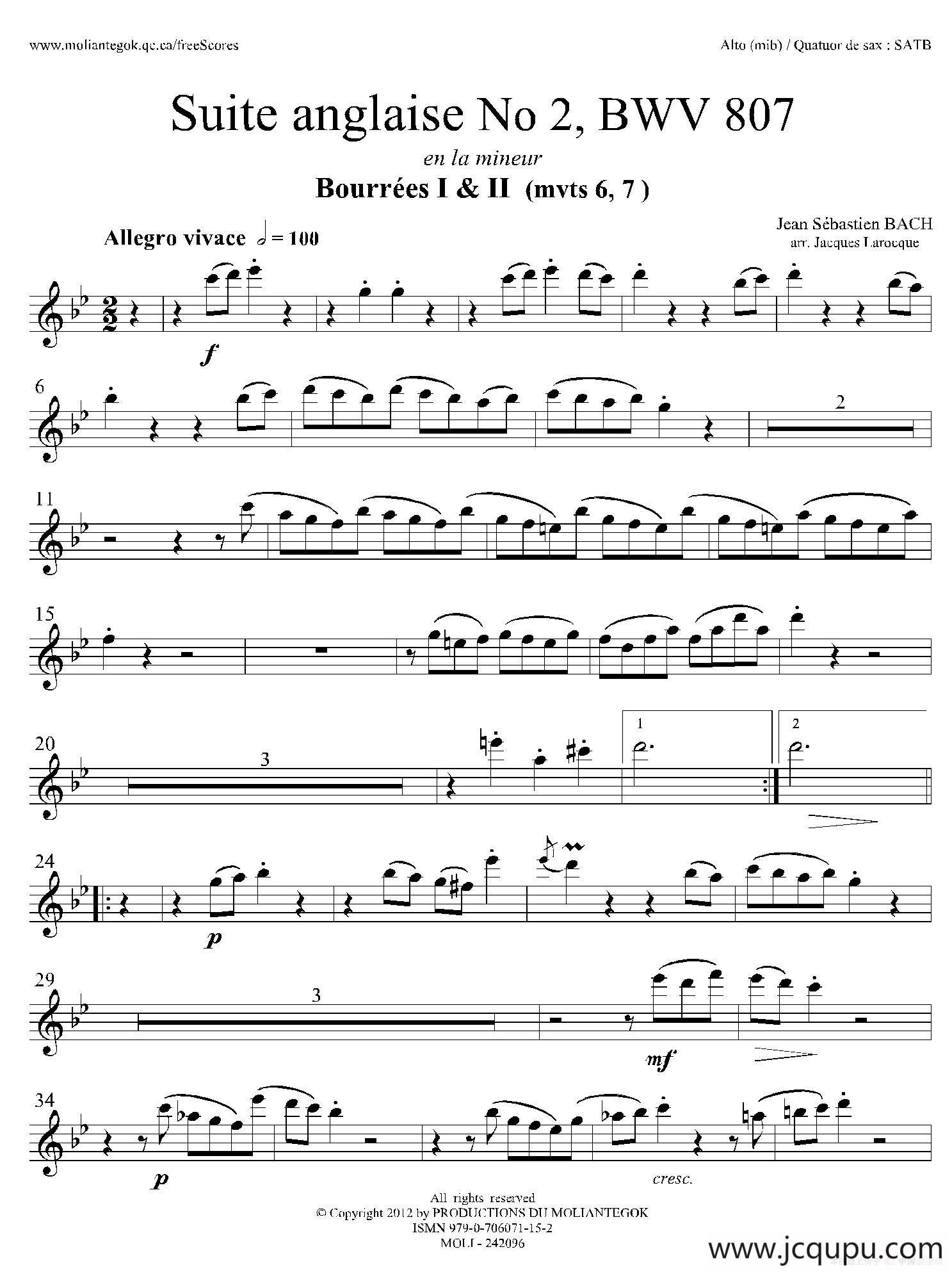 Suite anglaise No 2,BWV 807（法国组曲之二·布列舞曲）（中音萨克斯分谱）简谱