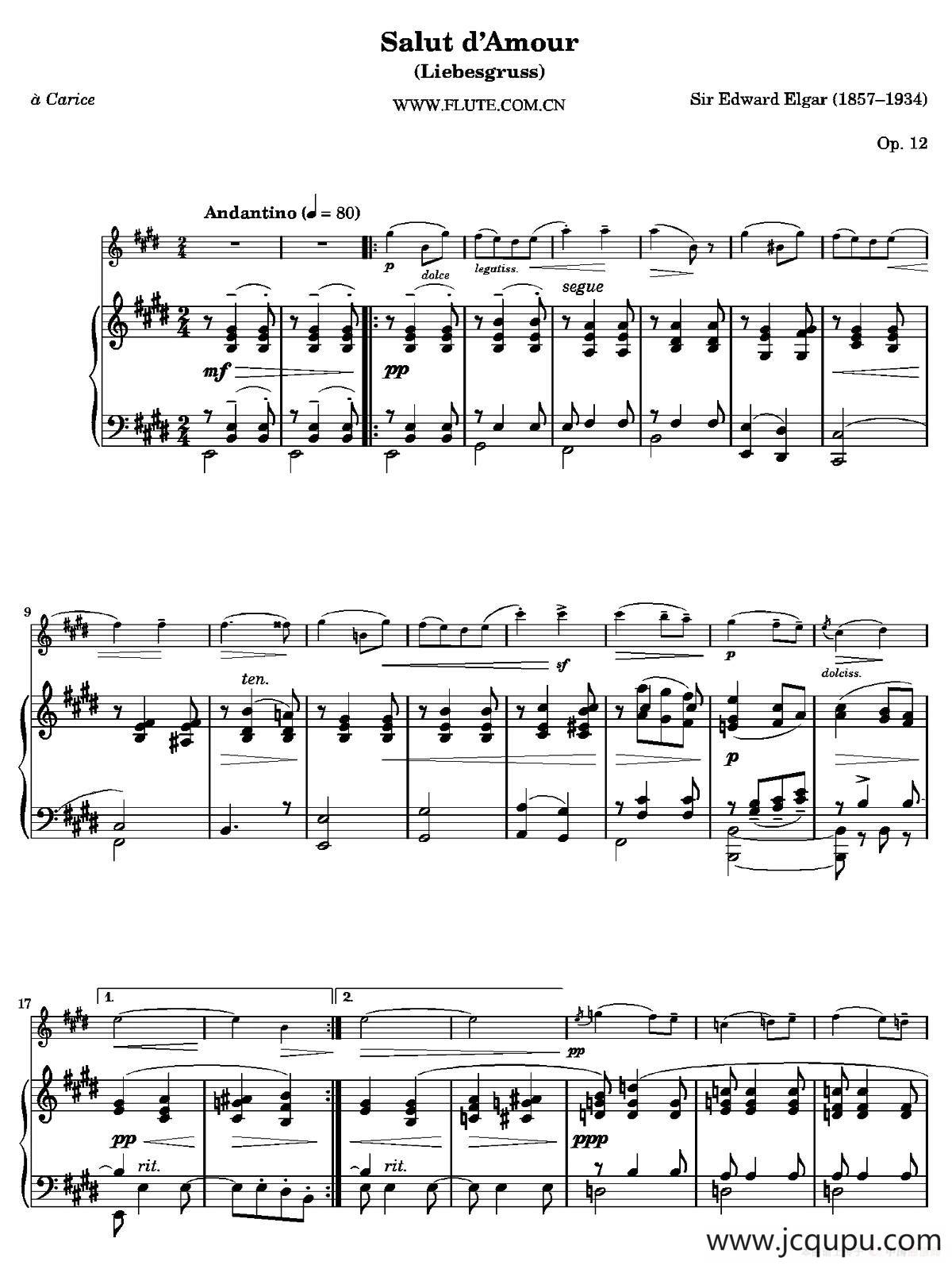 Salut d'Amour Op.12（爱的致意）（长笛+钢琴伴奏）简谱