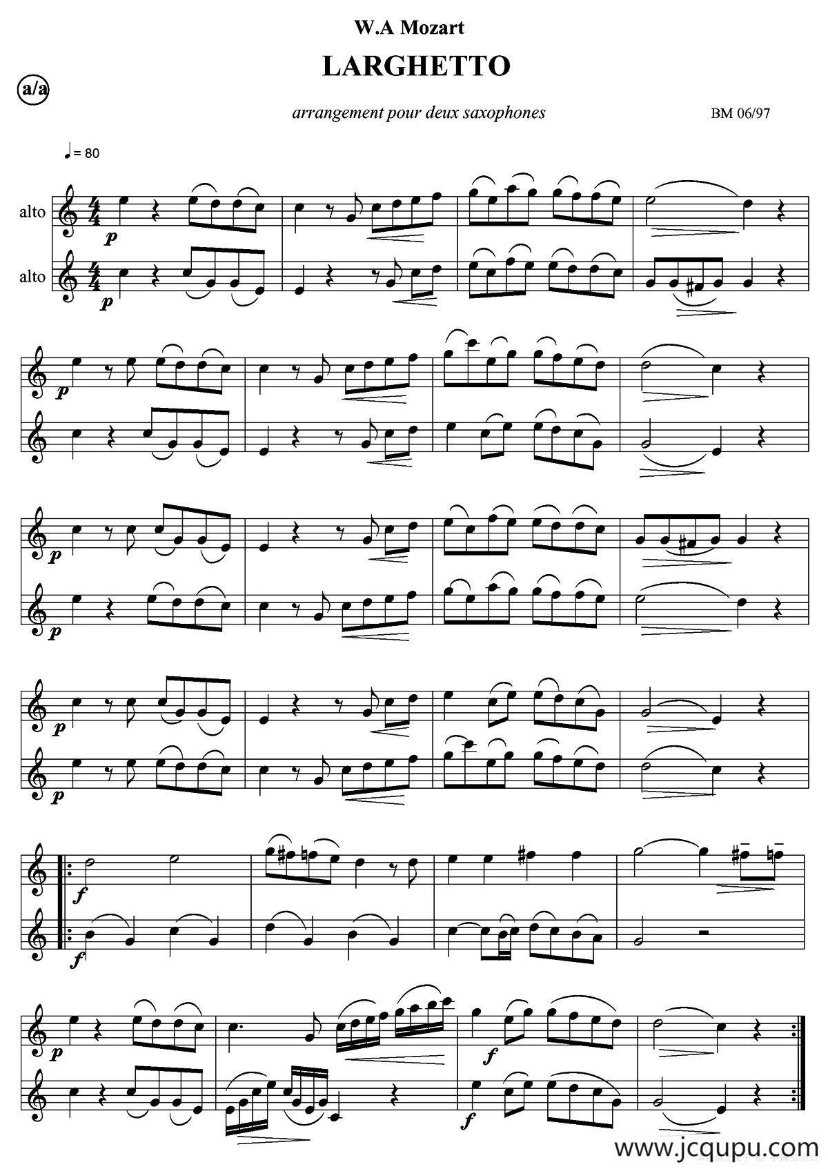 LARGHETTO（稍缓慢曲）BM 06/97（二重奏）简谱