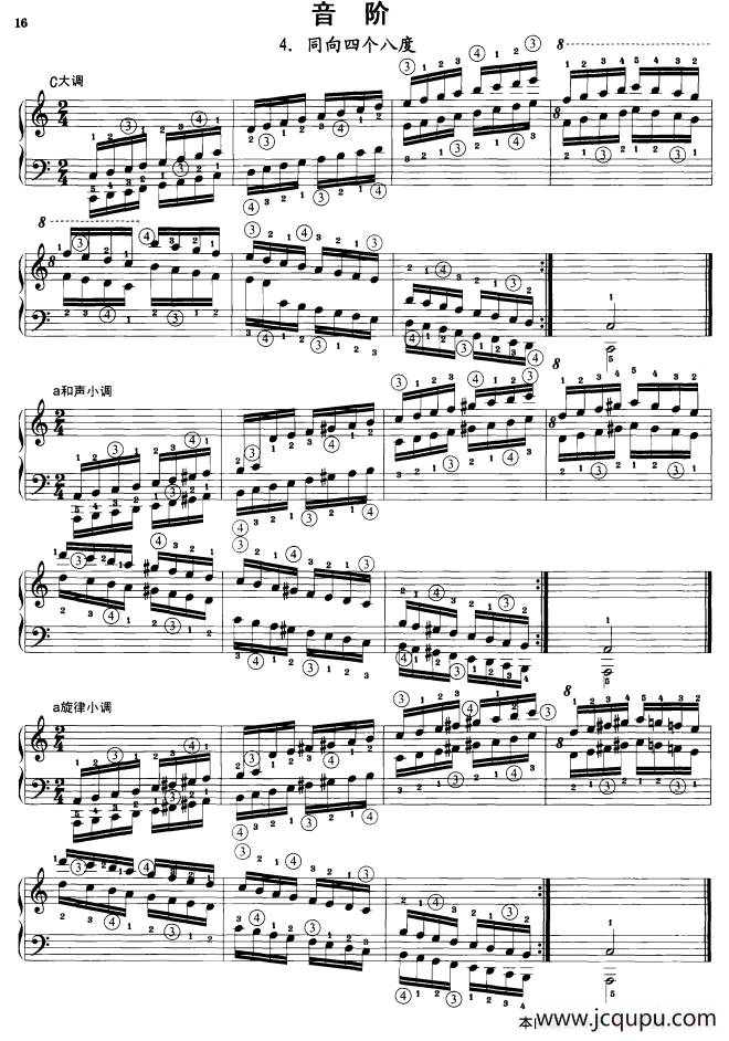 钢琴音阶练习：同向四个八度简谱