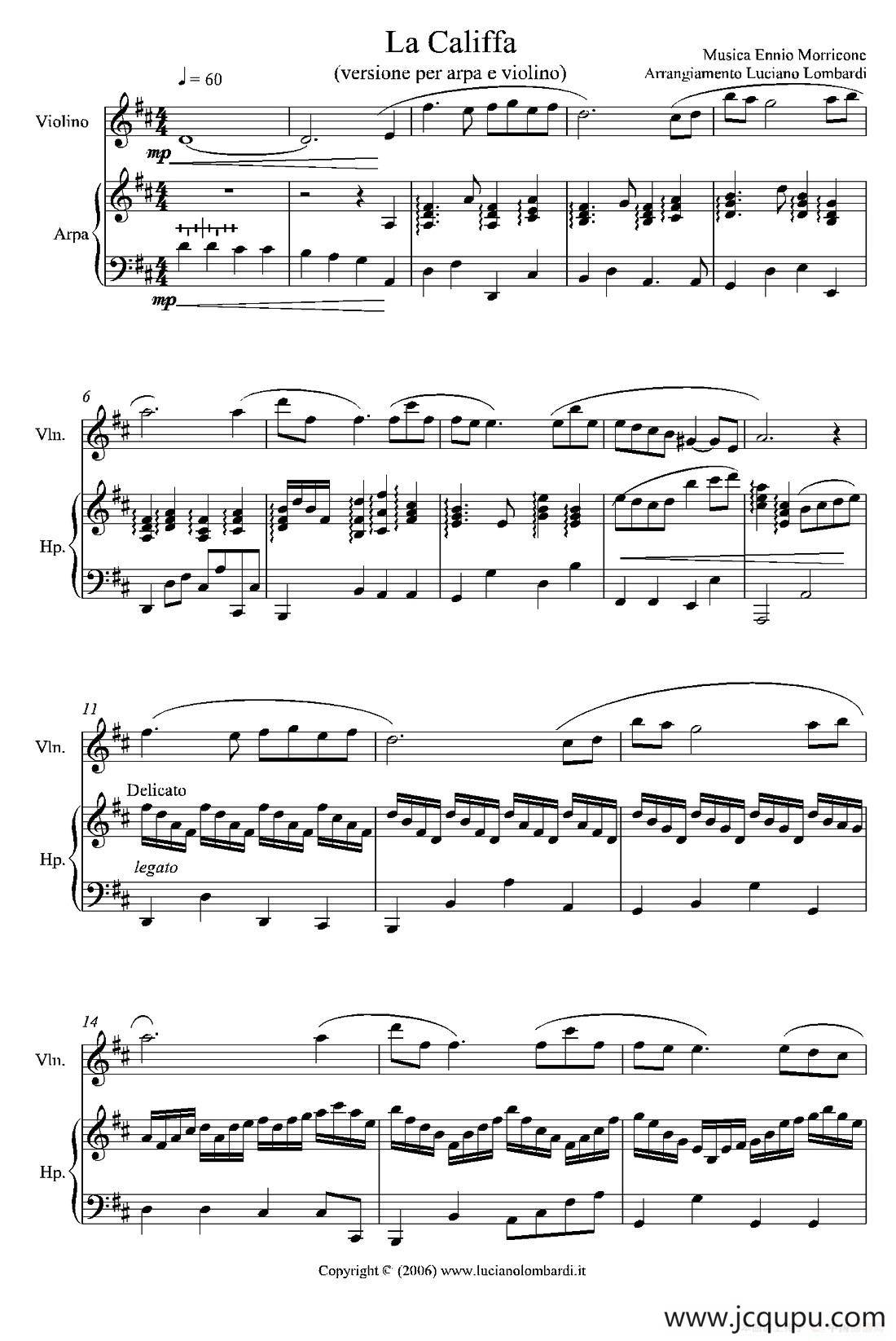 ​La Califfa（卡立法夫人）（小提琴+竖琴）简谱