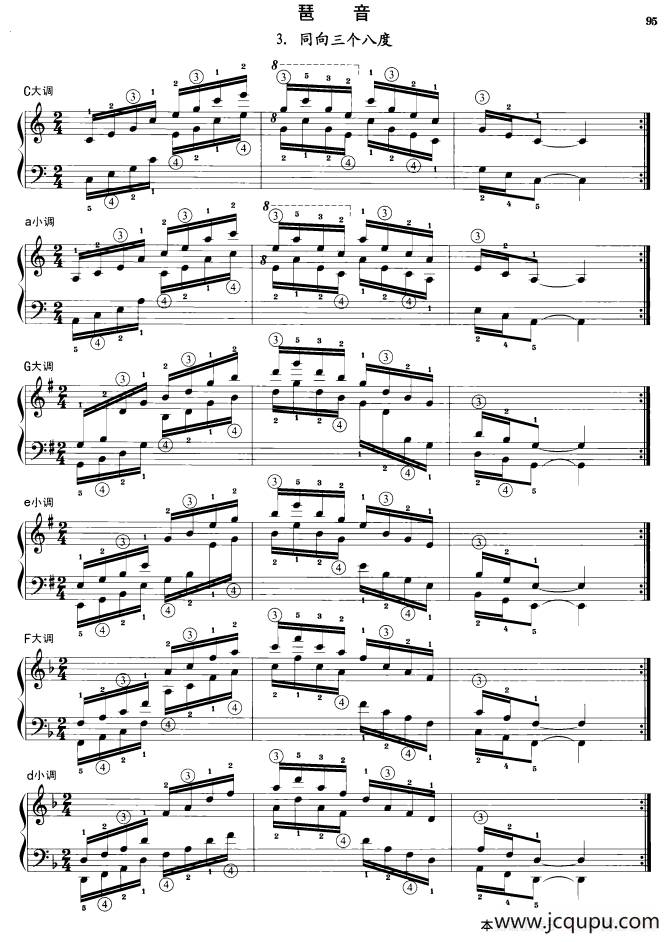 钢琴琶音练习：同向三个八度简谱