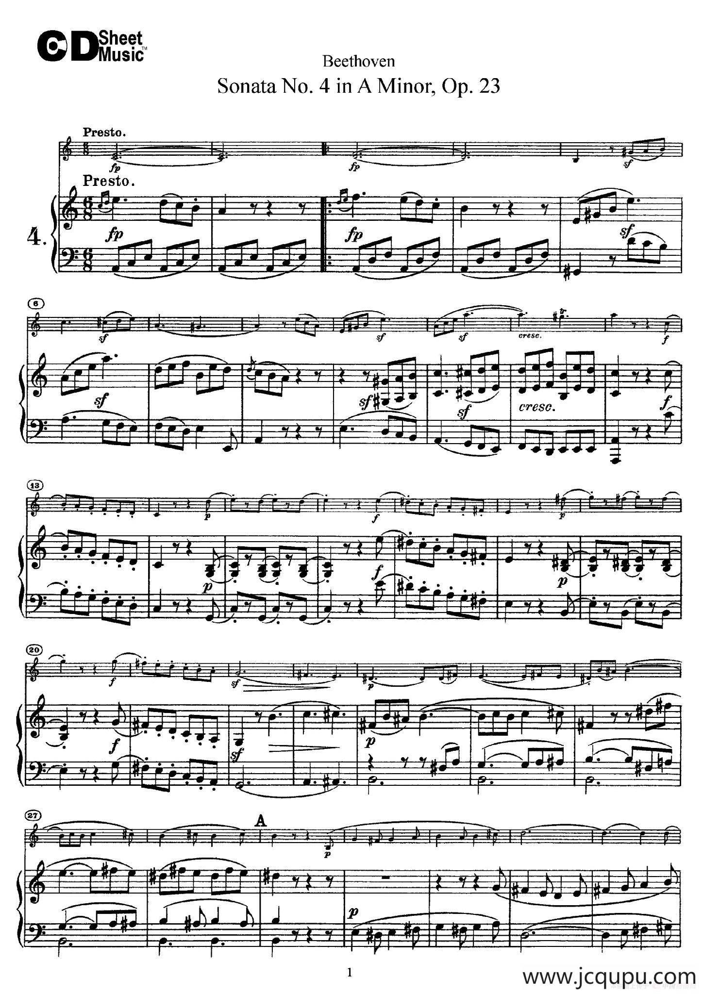 A小调第四小提琴奏鸣曲（Sonata No.4 in A Minor Op.23）（小提琴+钢琴伴奏）简谱