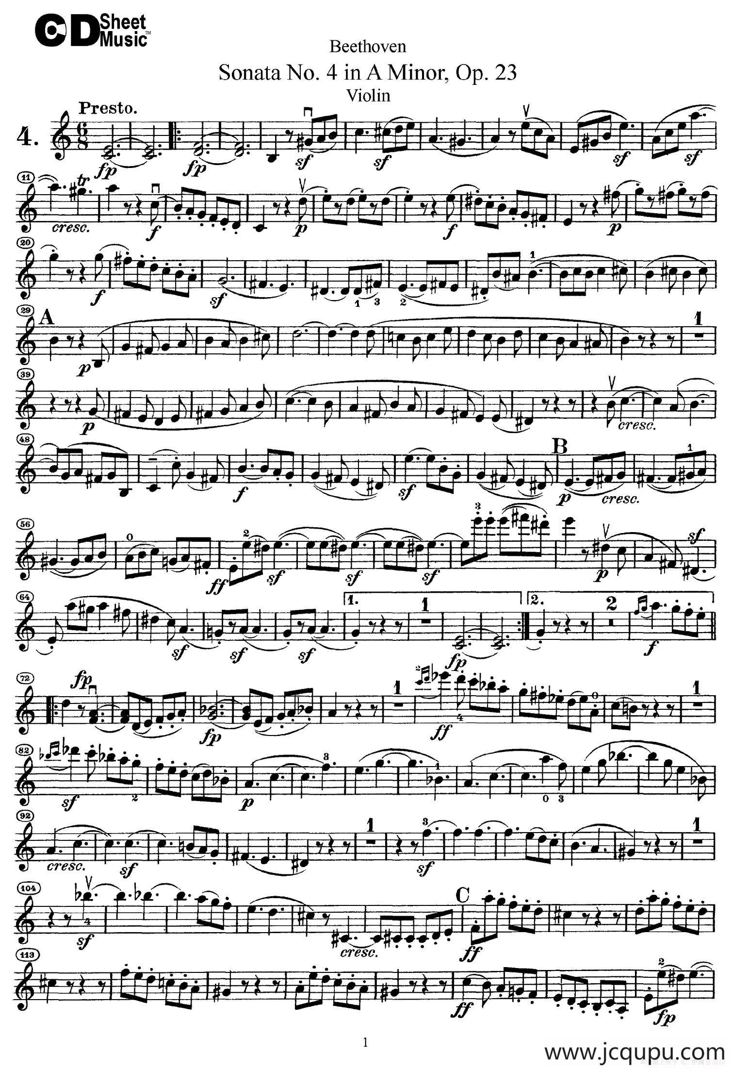 A小调第四小提琴奏鸣曲（Sonata No.4 in A Minor Op.23）简谱