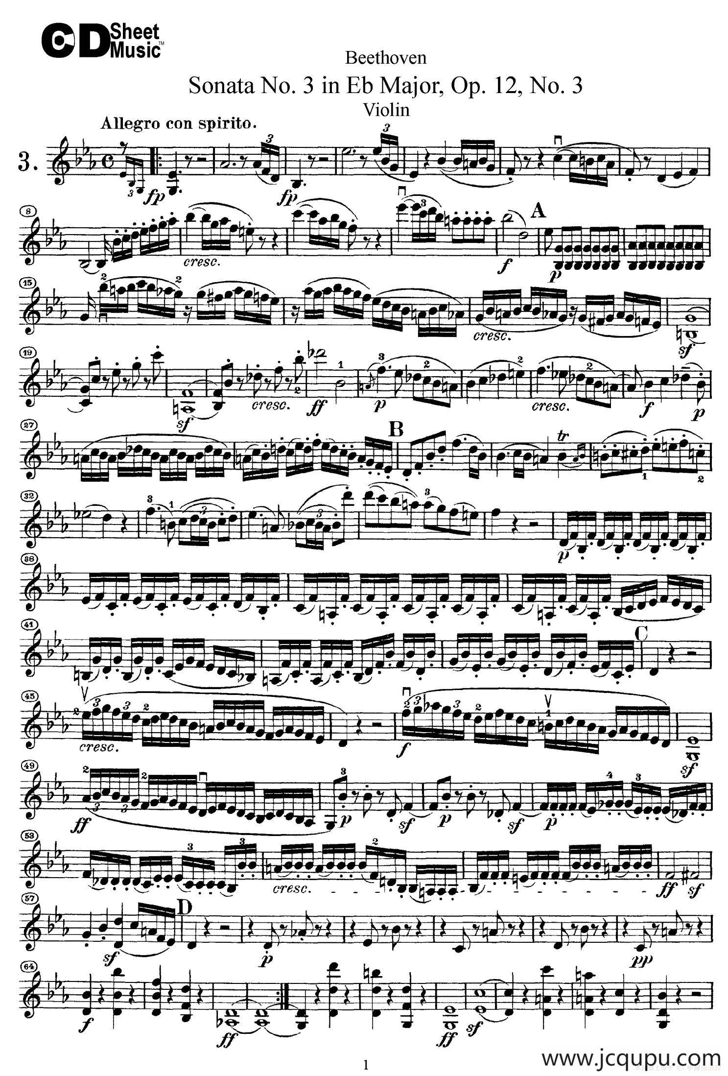 降E大调第三小提琴奏鸣曲（Sonata No.3 in Eb Major Op.12,No.3）简谱
