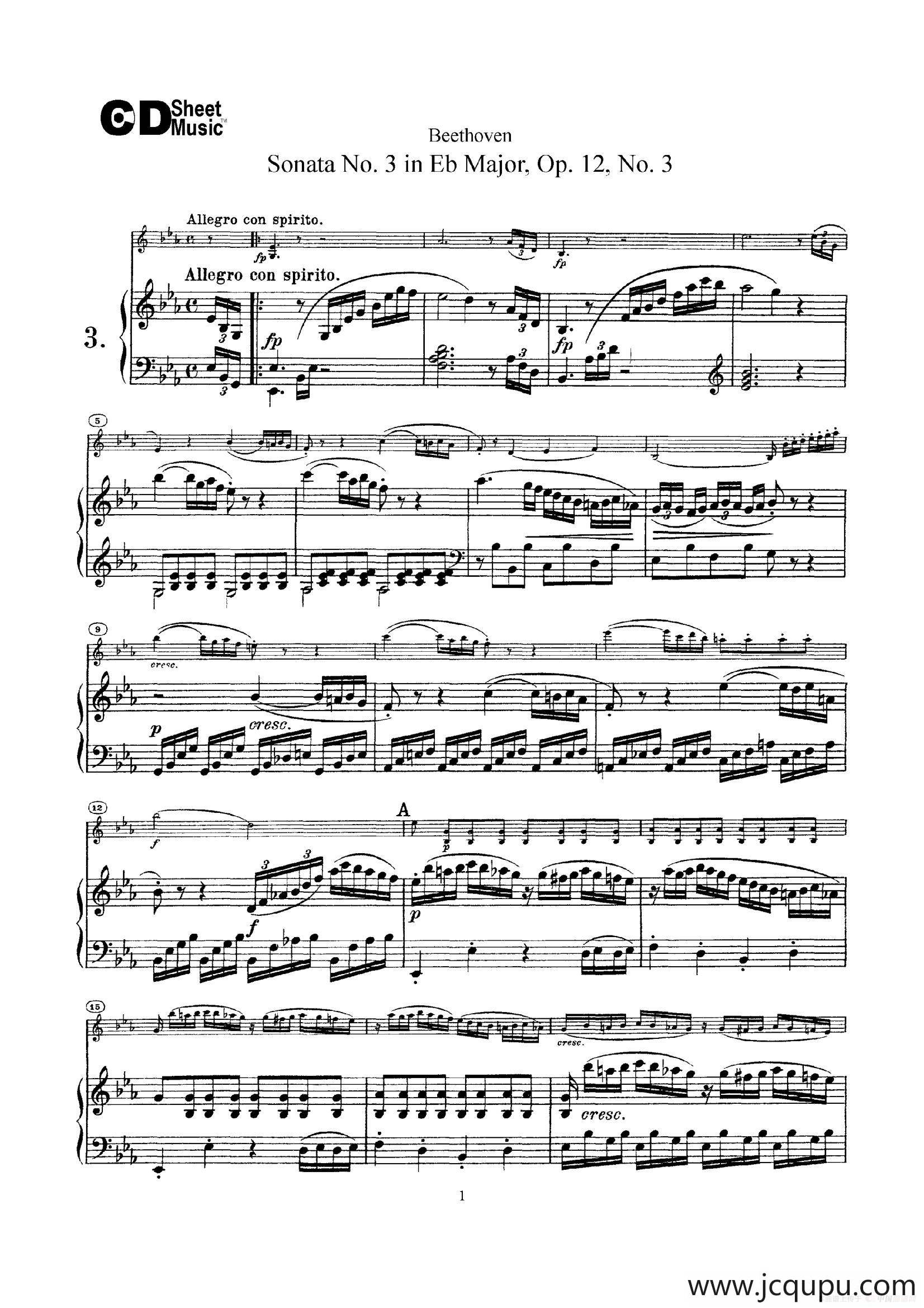 降E大调第三小提琴奏鸣曲（Sonata No.3 in Eb Major Op.12,No.3）（小提琴+钢琴伴奏）简谱