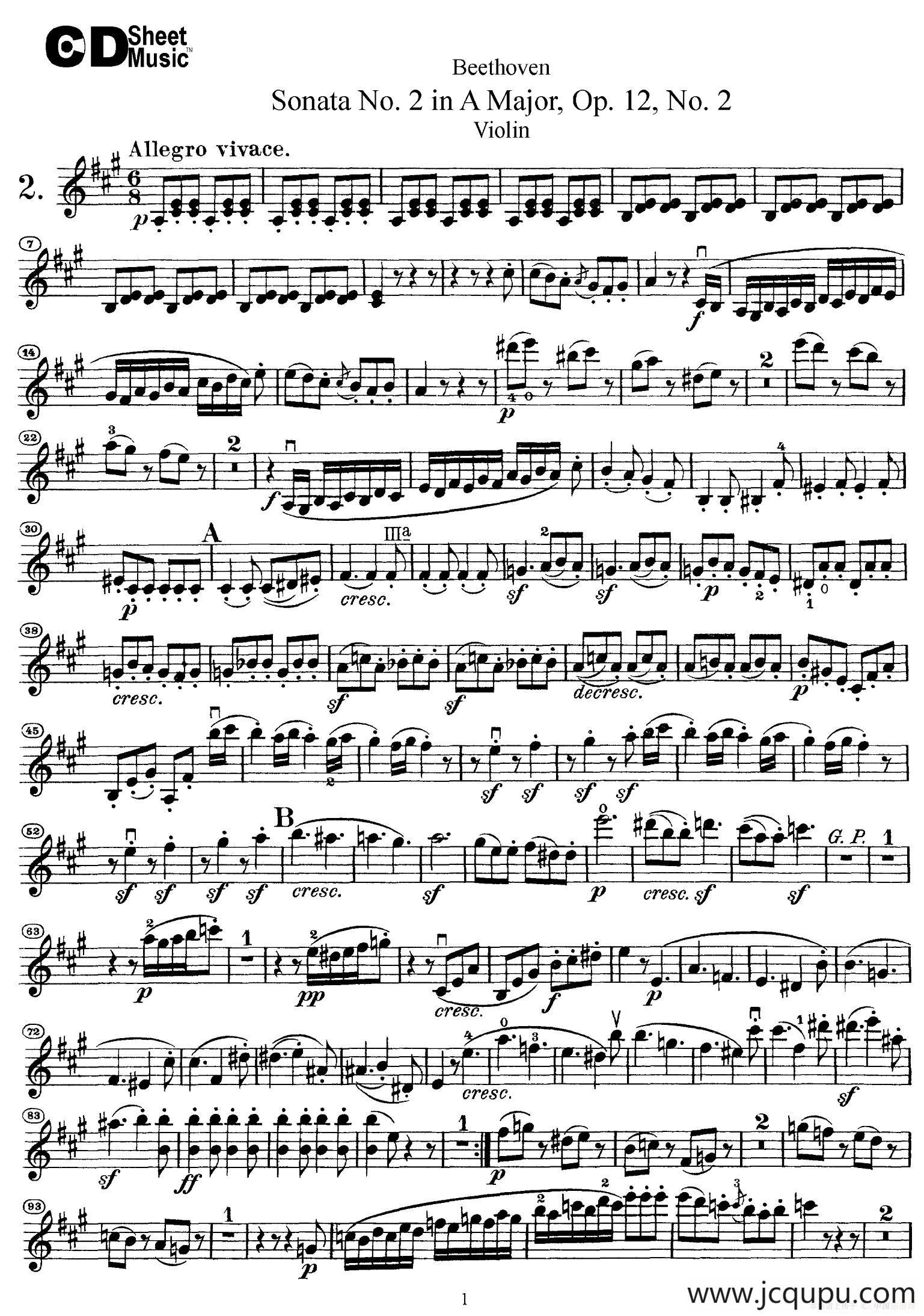 A大调第二小提琴奏鸣曲（Sonata No.2 in A Major Op.12,No.2）简谱