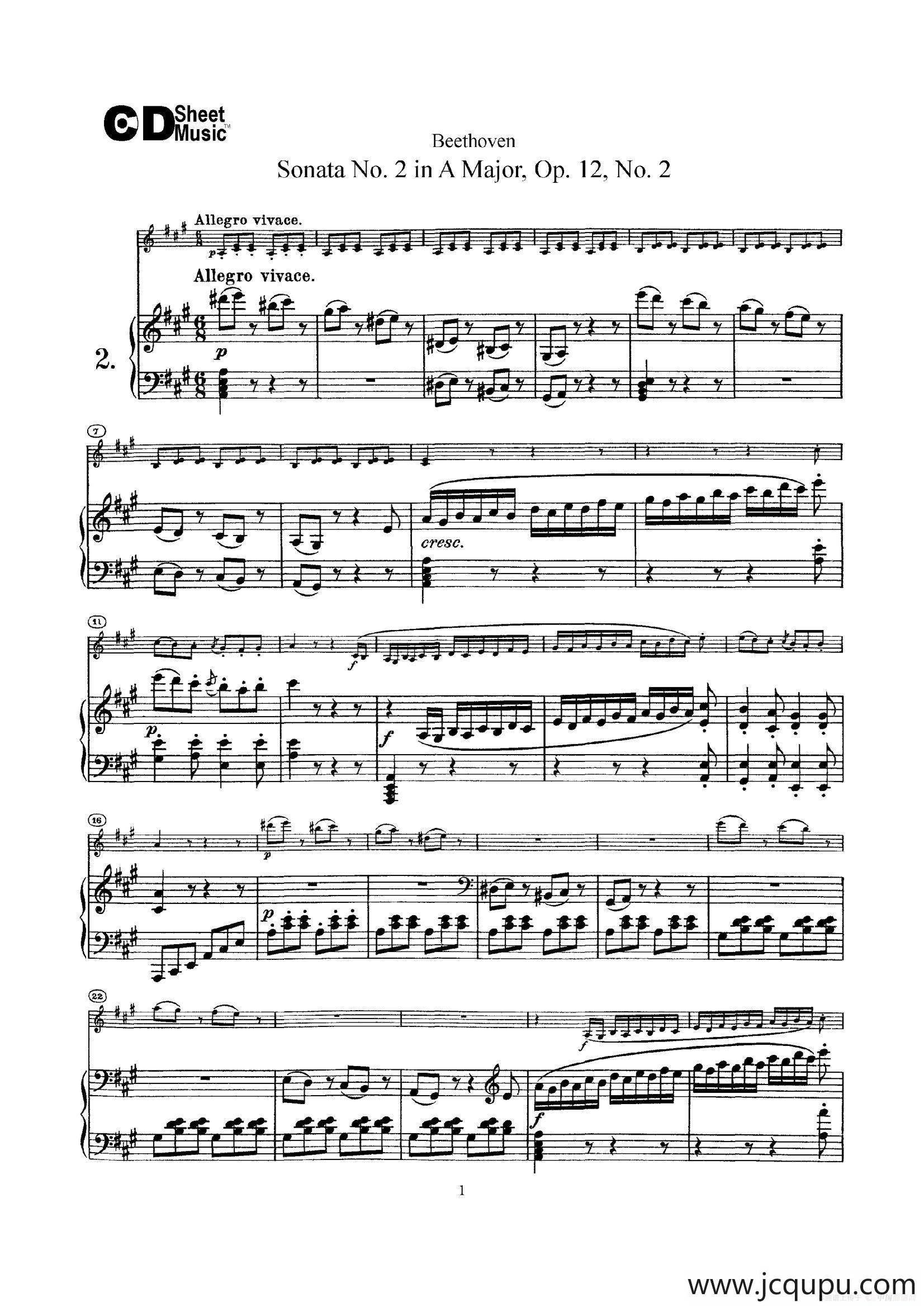 A大调第二小提琴奏鸣曲（Sonata No.2 in A Major Op.12,No.2）（小提琴+钢琴伴奏）简谱