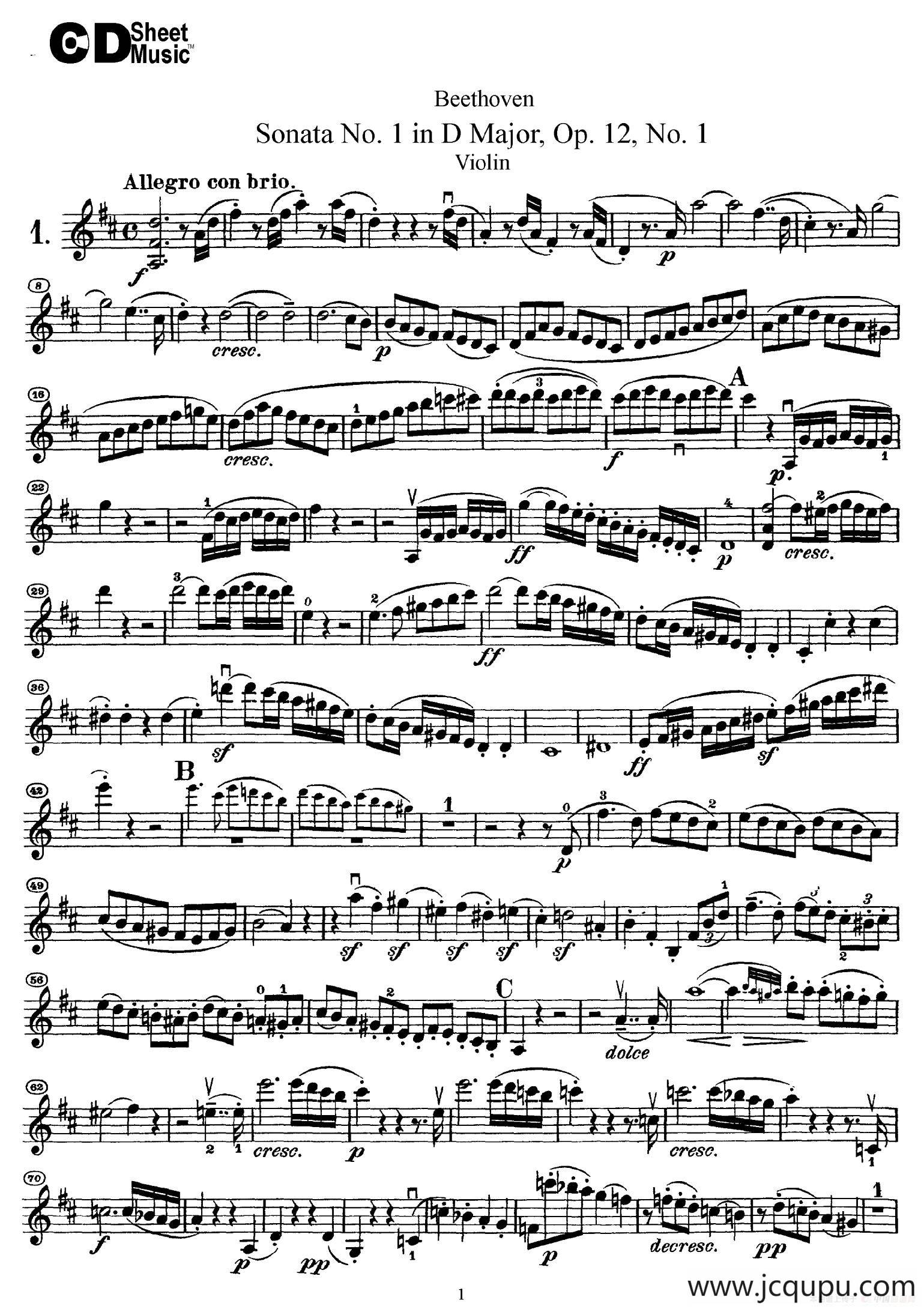 D大调第一小提琴奏鸣曲（Sonata No.1 in D Major Op.12,No.1）简谱