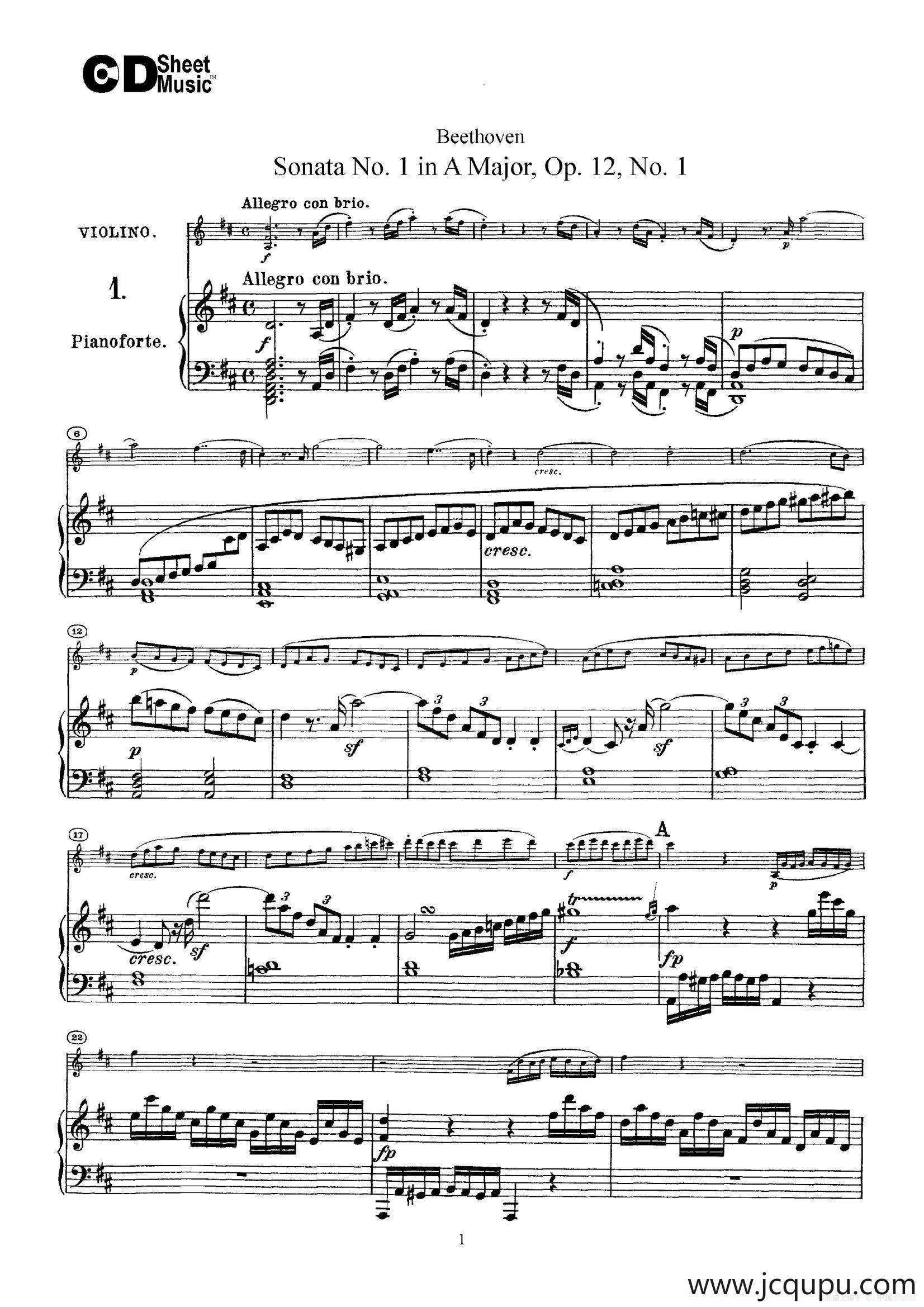 D大调第一小提琴奏鸣曲（Sonata No.1 in D Major Op.12,No.1）（小提琴+钢琴伴奏）简谱