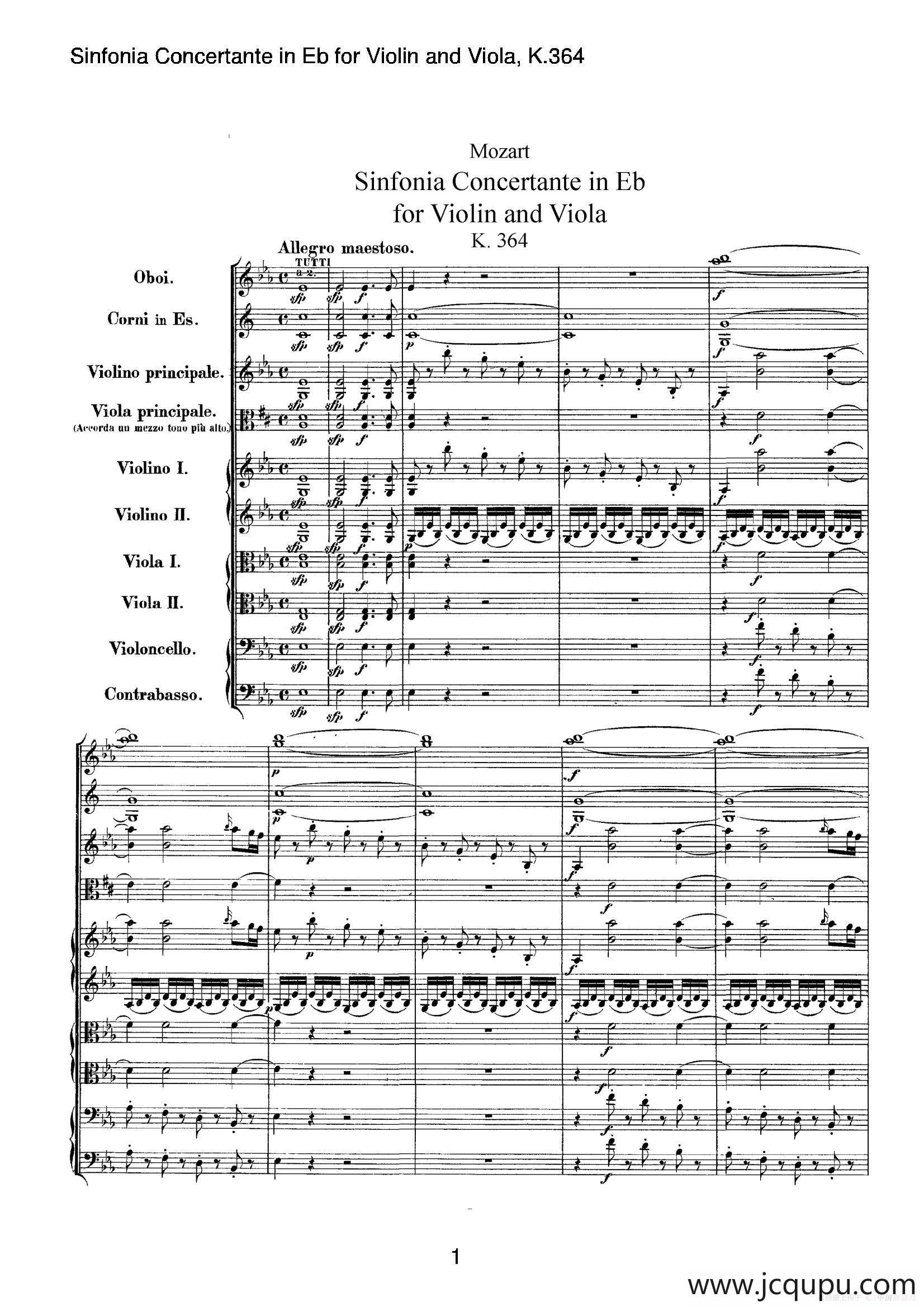 降E大调交响协奏曲（《Sinfonia Concertante in Eb》for Violin and Viola K.364）简谱