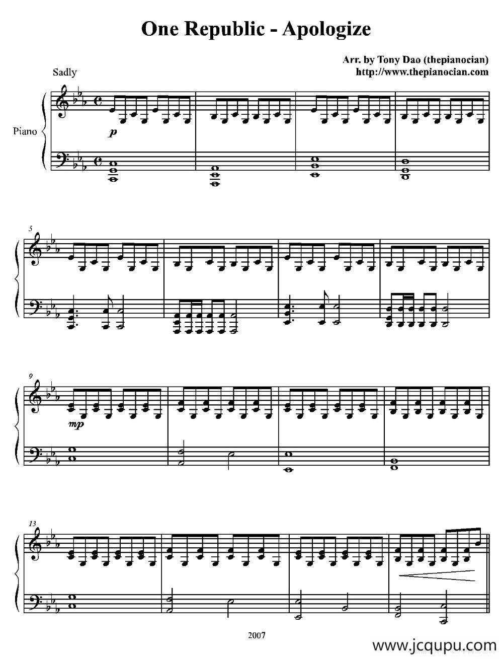 One Republic - Apologize简谱