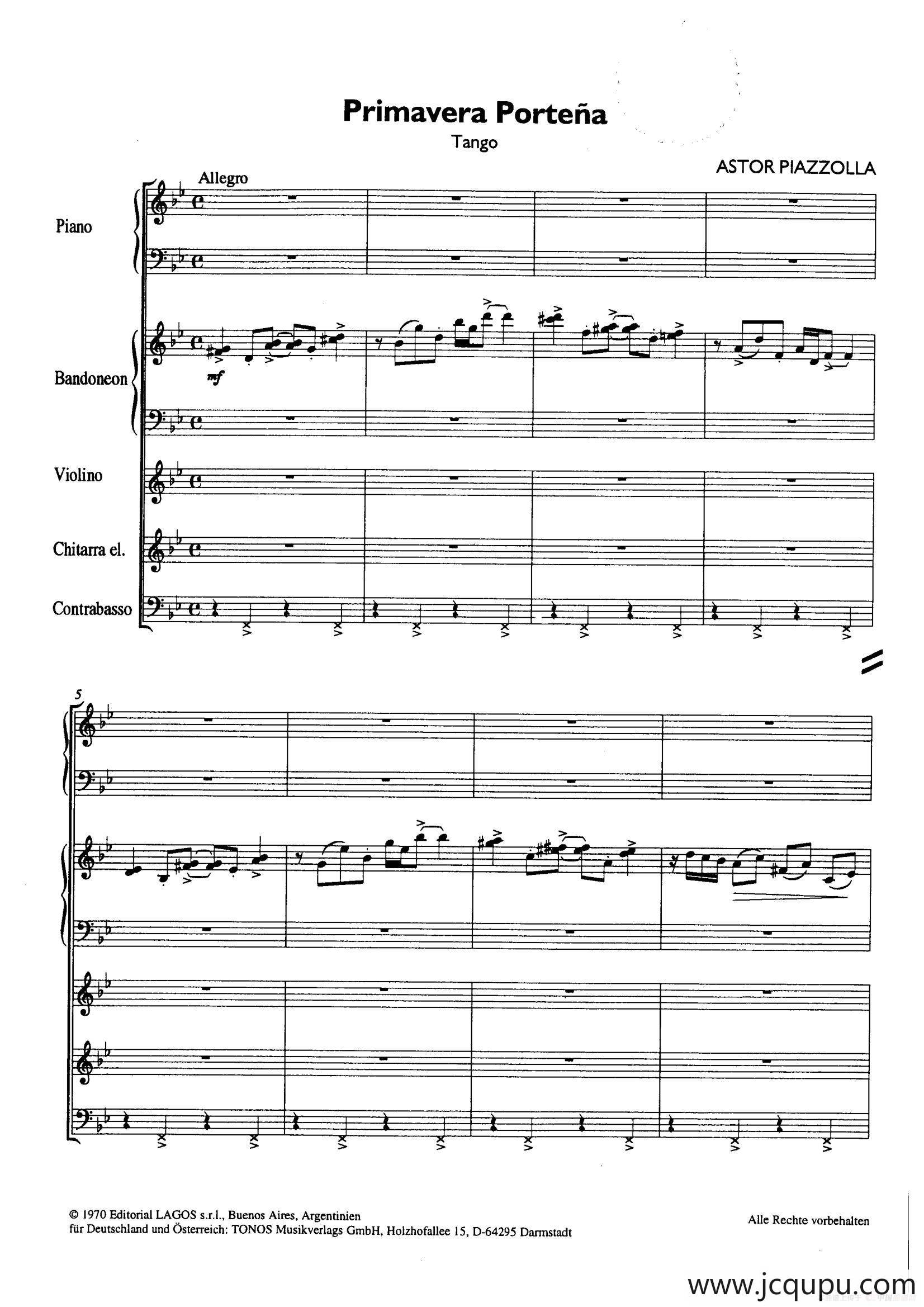 Primavera Portena Tango（四季-布宜诺斯艾利斯的春天）（五重奏总谱、分谱）简谱
