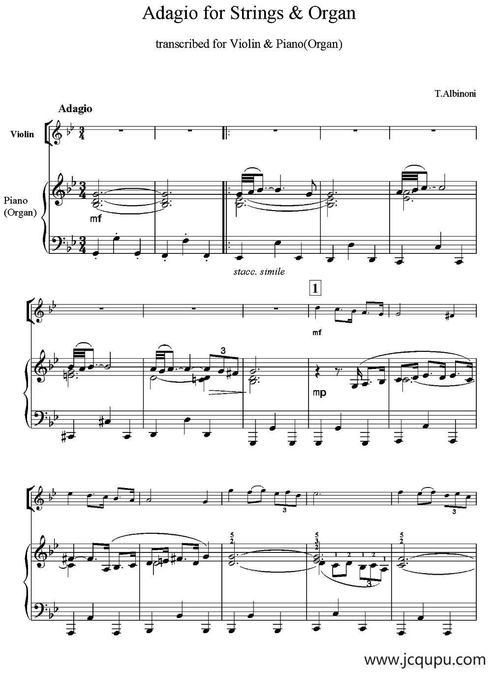 Adagio for Strings & Organ（柔板）（小提琴+钢琴伴奏）简谱
