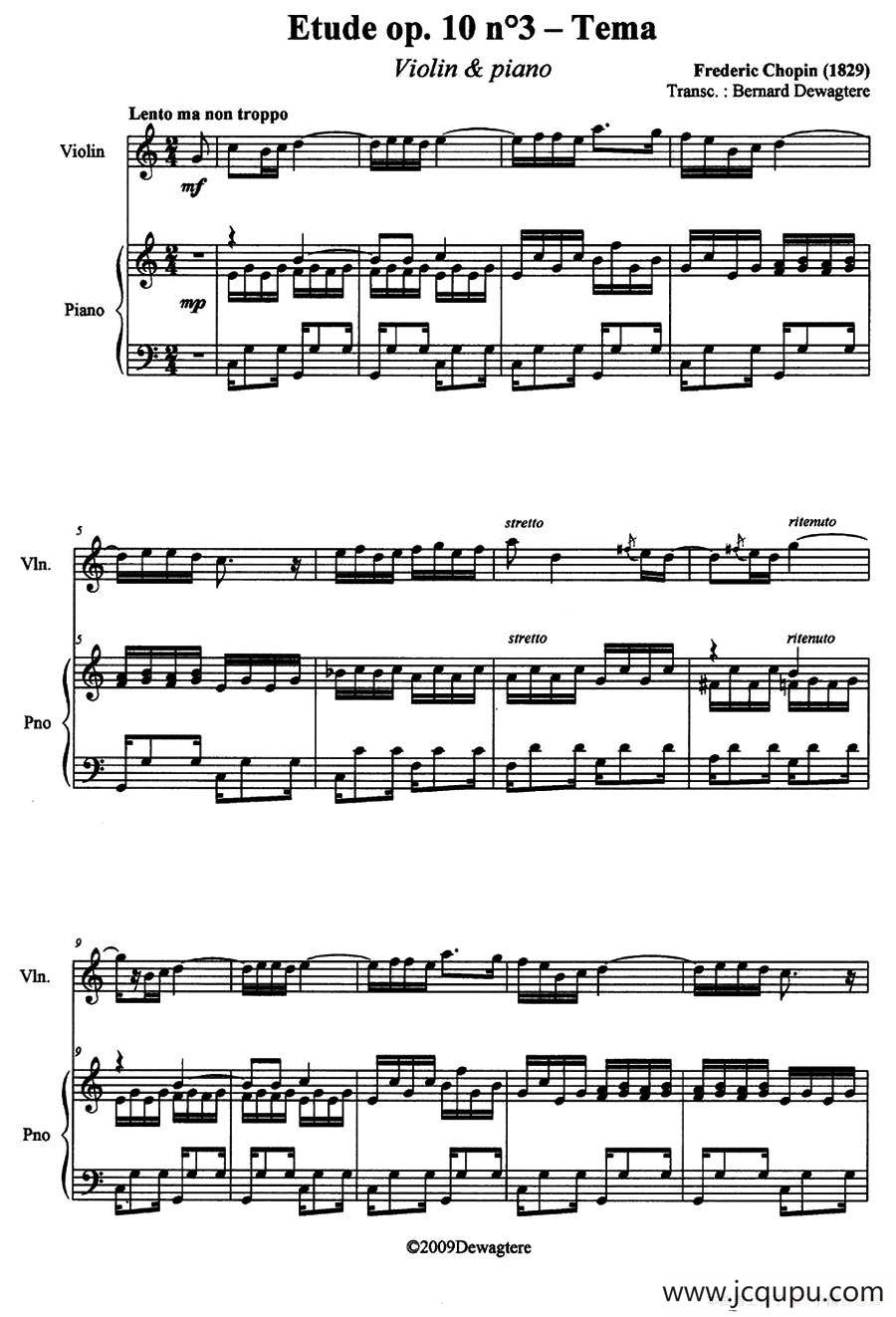 Etude Op.10 No.3-Tema（离别曲）（小提琴+钢琴伴奏）简谱