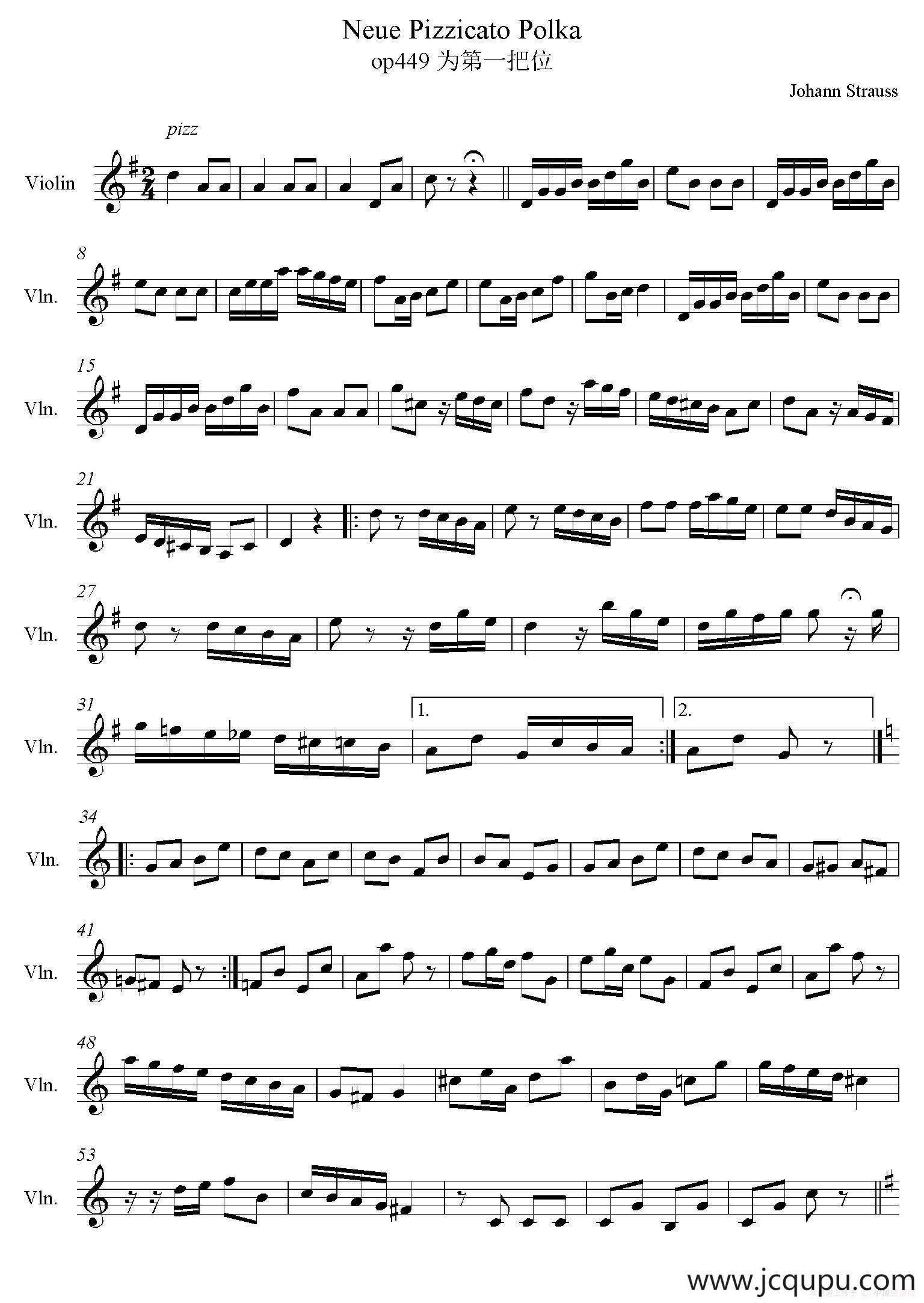 Neue Pizzicato Polka Op.449（新拨弦波尔卡）（第一把位）简谱