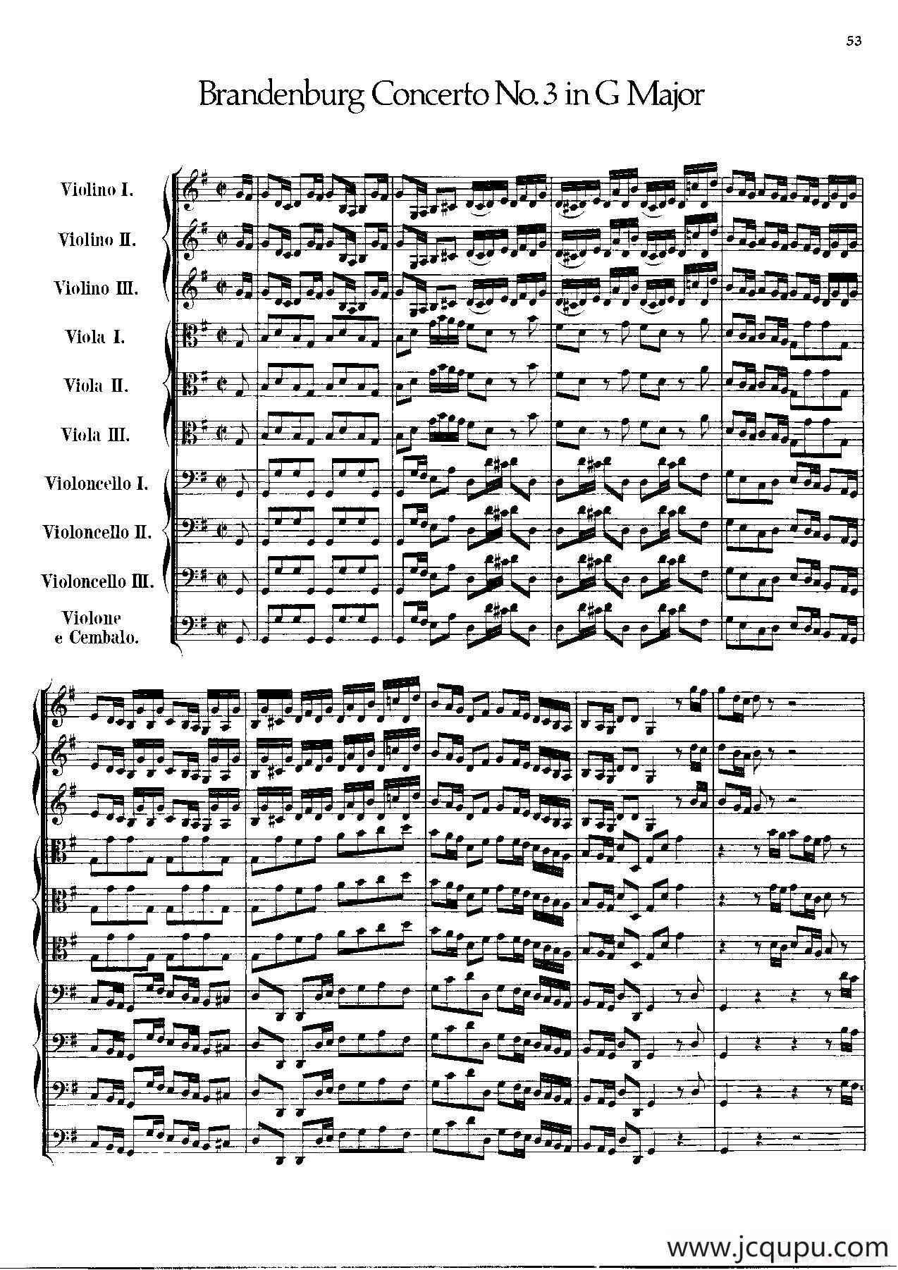 勃兰登堡第三协奏曲（弦乐合奏总谱）简谱