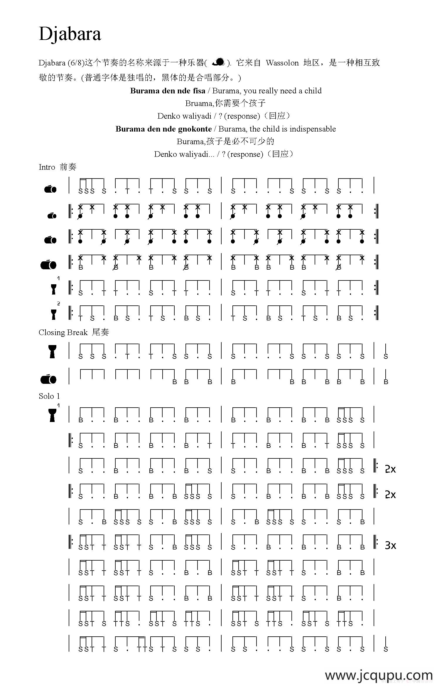 Djabara（非洲手鼓谱）简谱