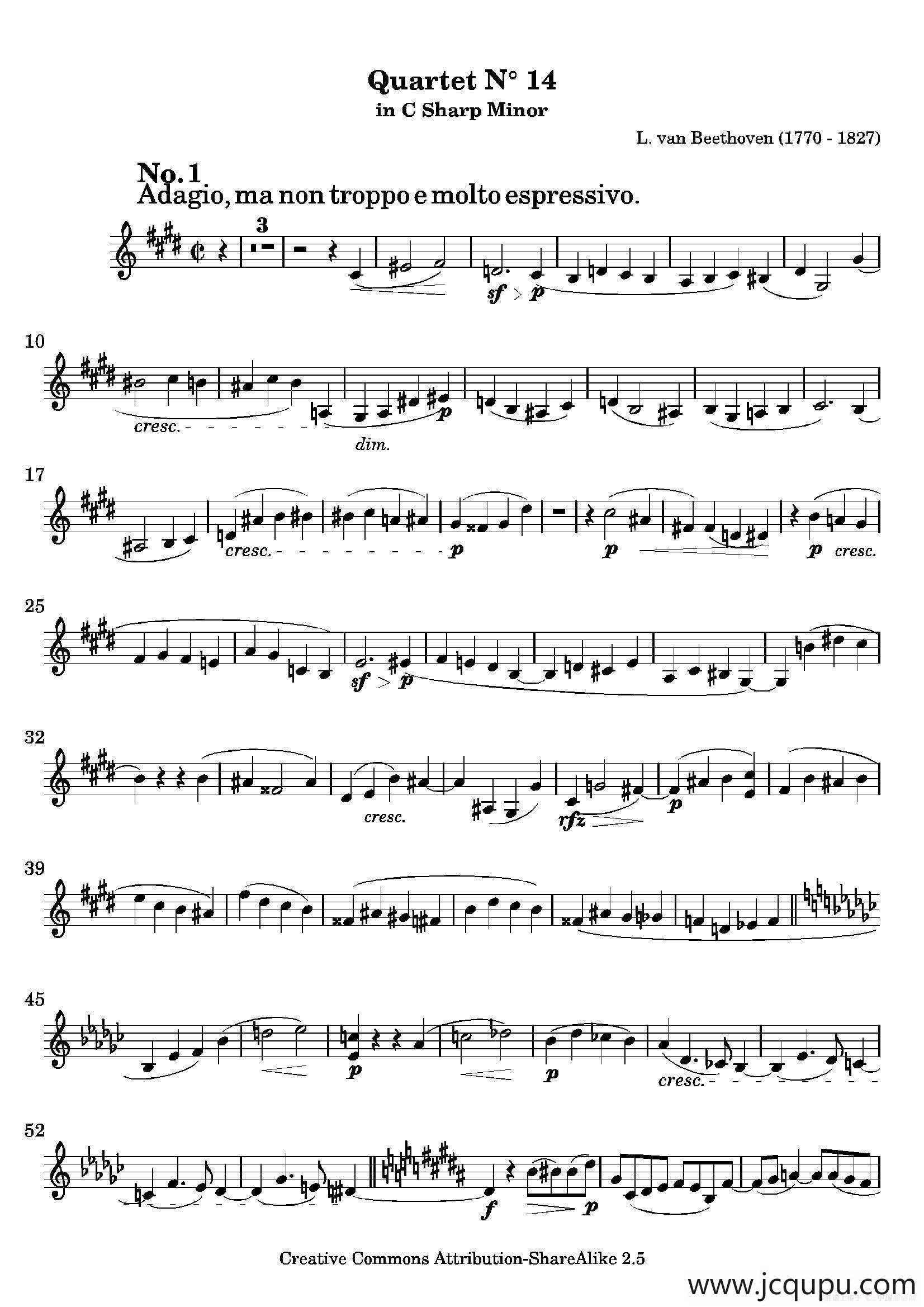 Quartet No.14 in C Sharp Minor（第十四号升C小调弦乐四重奏）（第二小提琴分谱）简谱