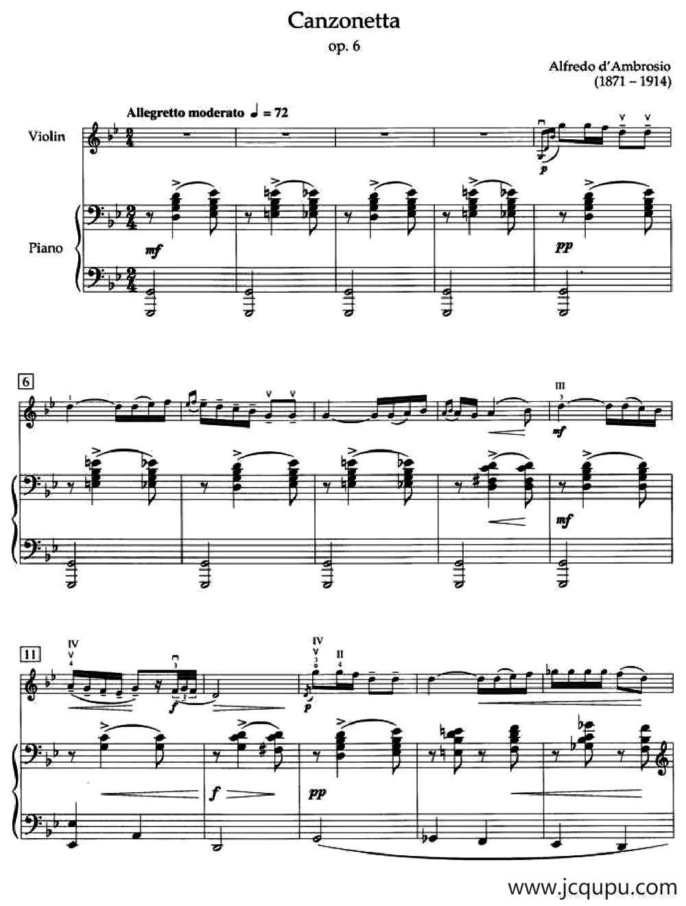 Canzonetta Op.6（短歌）（小提琴+钢琴伴奏）简谱