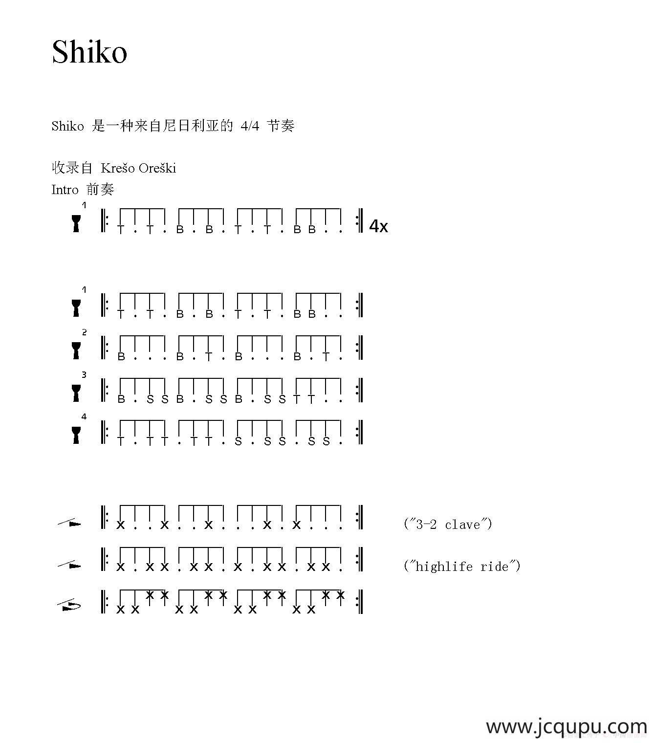 Shiko（非洲手鼓谱）简谱