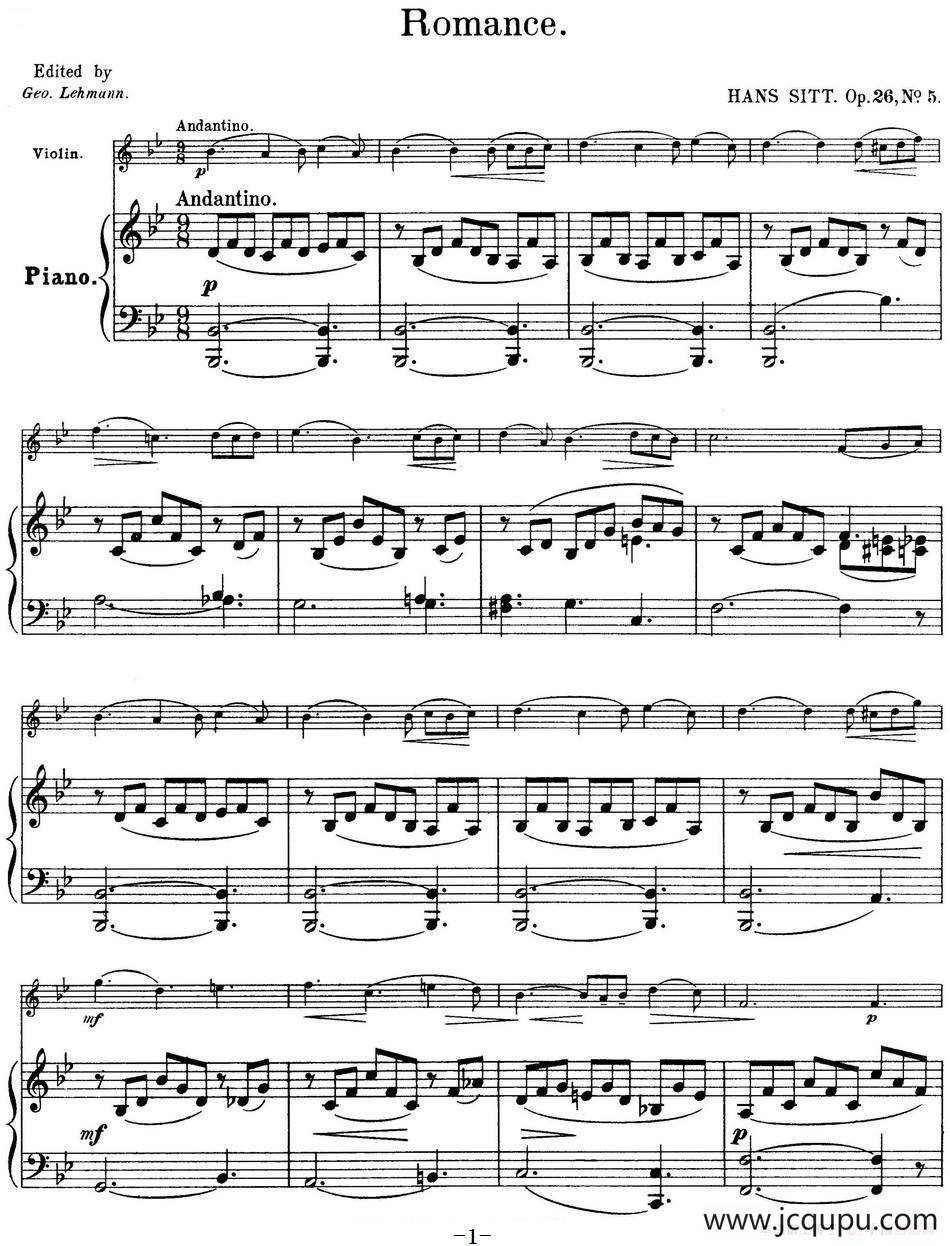25首小提琴曲合集：Romance（HANS SITT. Op.26，No.5）.（小提琴+钢琴伴奏）简谱