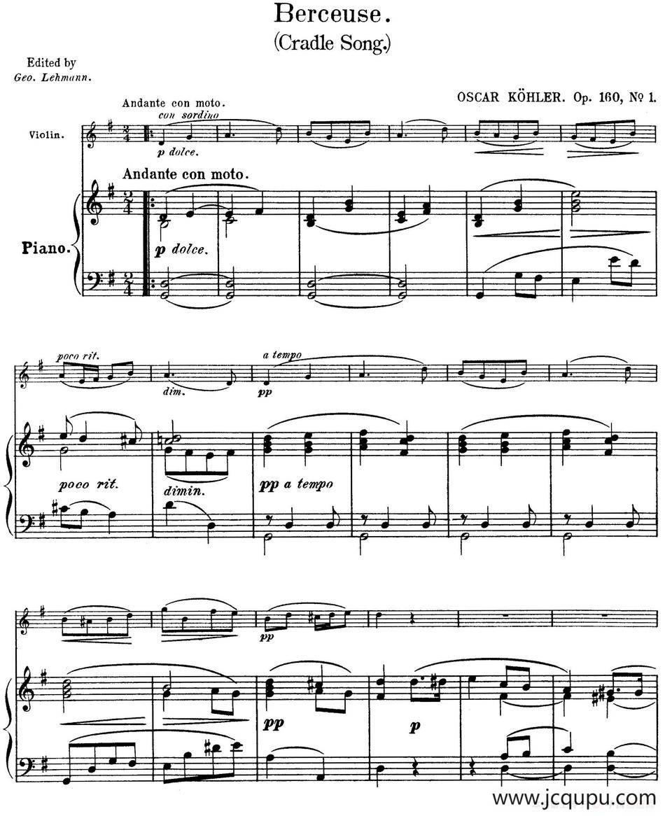 25首小提琴曲合集：Berceuse.（Cradle Song.）（OSCAR KOHLER. Op.160No.1）（小提琴+钢琴伴奏）简谱