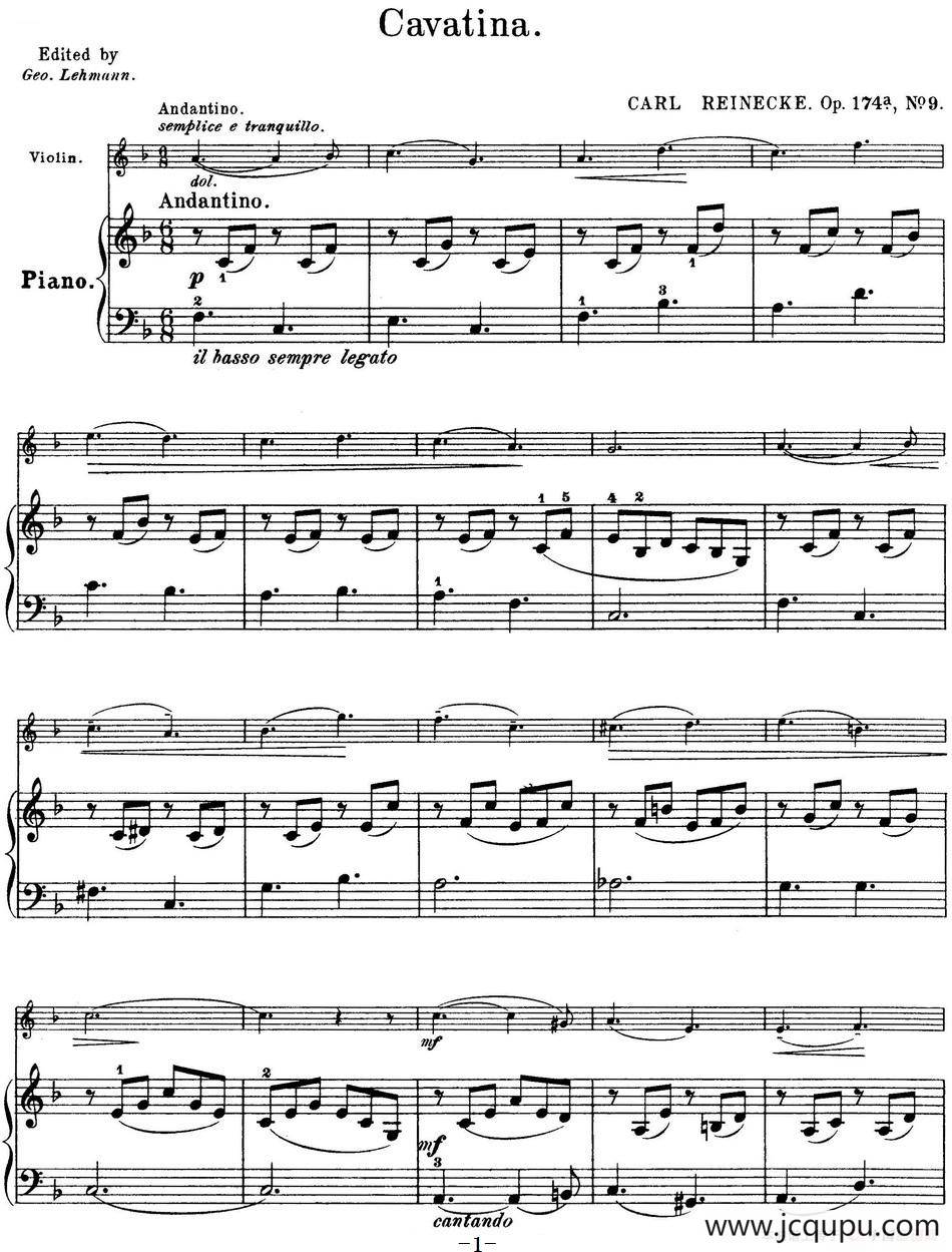 25首小提琴曲合集：Cavatina.（CARL REINECKE. Op.174a，No.9）（小提琴+钢琴伴奏）简谱