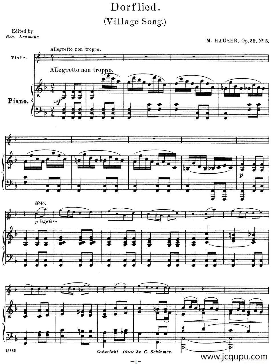 25首小提琴曲合集：Dorflied.（Village Song.）（M. HAUSER. Op.29，No.5）（小提琴+钢琴伴奏）简谱