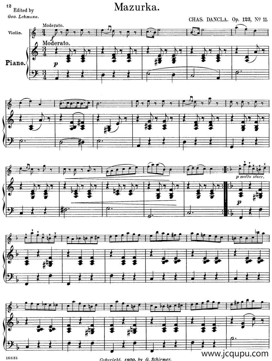 25首小提琴曲合集：Mazurka.（CHAS.DANCLA. Op.123，No.11）（小提琴+钢琴伴奏）简谱