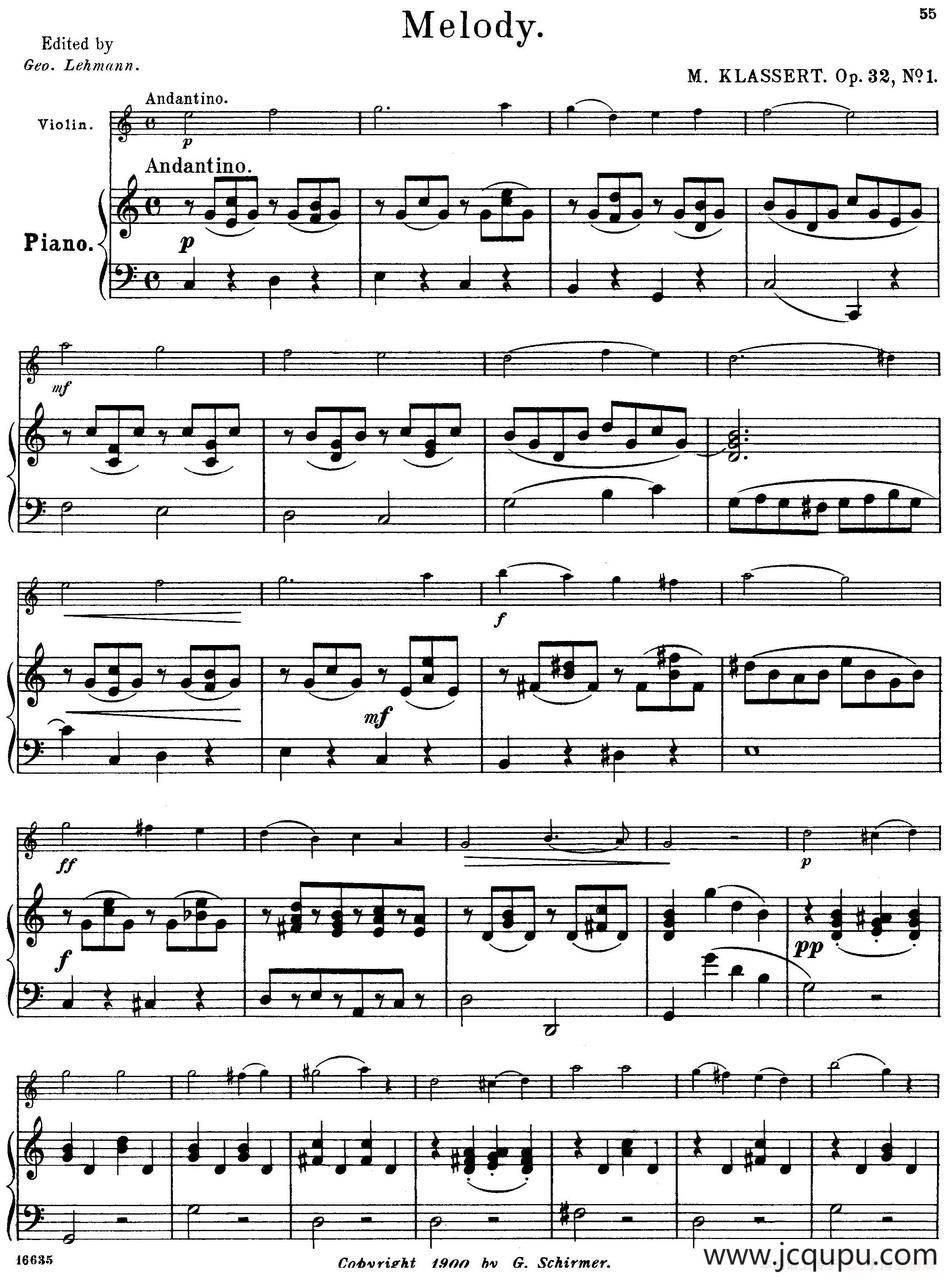 25首小提琴曲合集：Melody.（M. KLASSERT. Op.32，No.1）（小提琴+钢琴伴奏）简谱