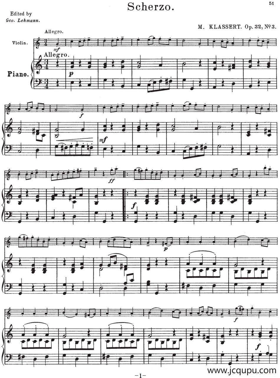 25首小提琴曲合集：Scherzo.（M. KLASSERT. Op.32，No.3）（小提琴+钢琴伴奏）简谱
