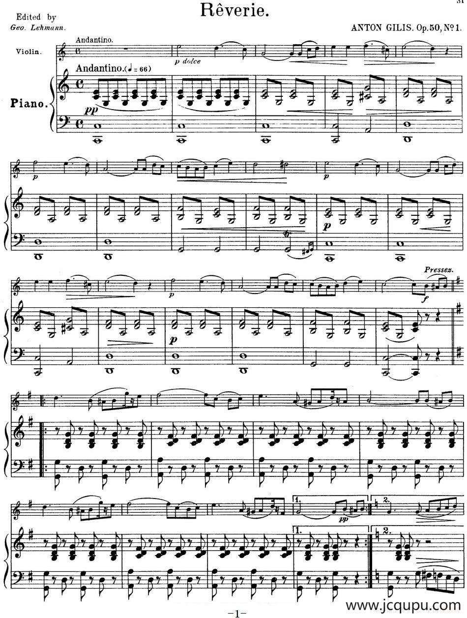 25首小提琴曲合集：Reverie.（ANTON GILIS. Op.50，No.1）（小提琴+钢琴伴奏）简谱