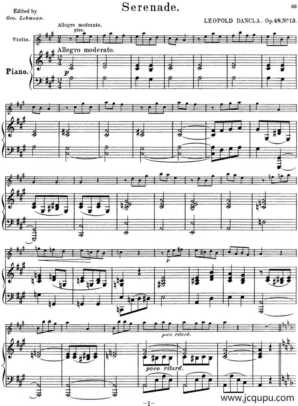 25首小提琴曲合集：Serenade.（LEOPOLD DANCLA. Op.48，No.13）（小提琴+钢琴伴奏）简谱