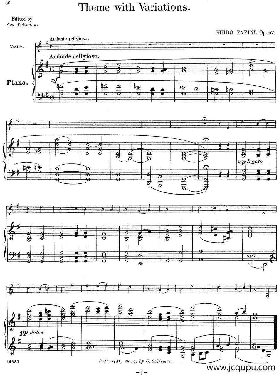 25首小提琴曲合集：Theme with Variations.（GUIDO PAPINI. Op.57）（小提琴+钢琴伴奏）简谱