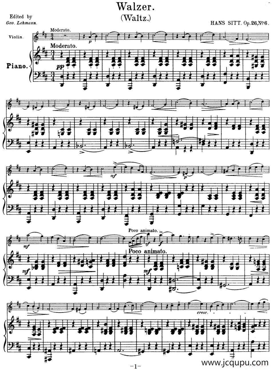 25首小提琴曲合集：Walzer.（Waltz.）（HANS SITT. Op.26No.6）（小提琴+钢琴伴奏）简谱