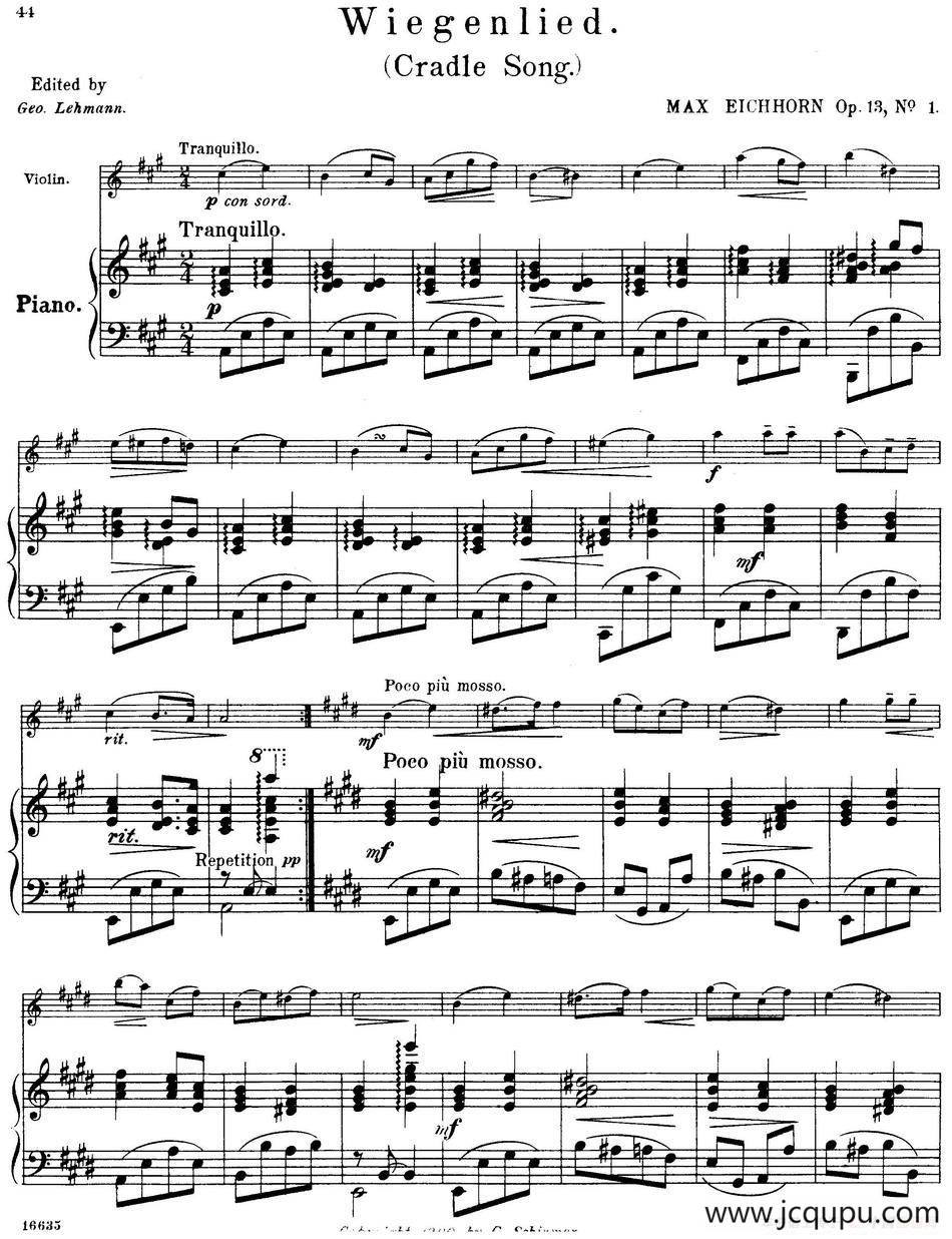 25首小提琴曲合集：Wiegenlied.（Cradle Song.）（MAX EICHHORN Op.13，No.1）（小提琴+钢琴伴奏）简谱