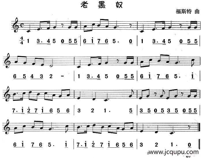 老黑奴（八孔竖笛线简谱对照版）简谱