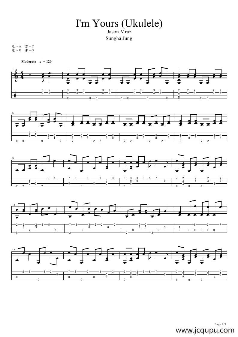 I'm yours（尤克里里指弹谱）简谱